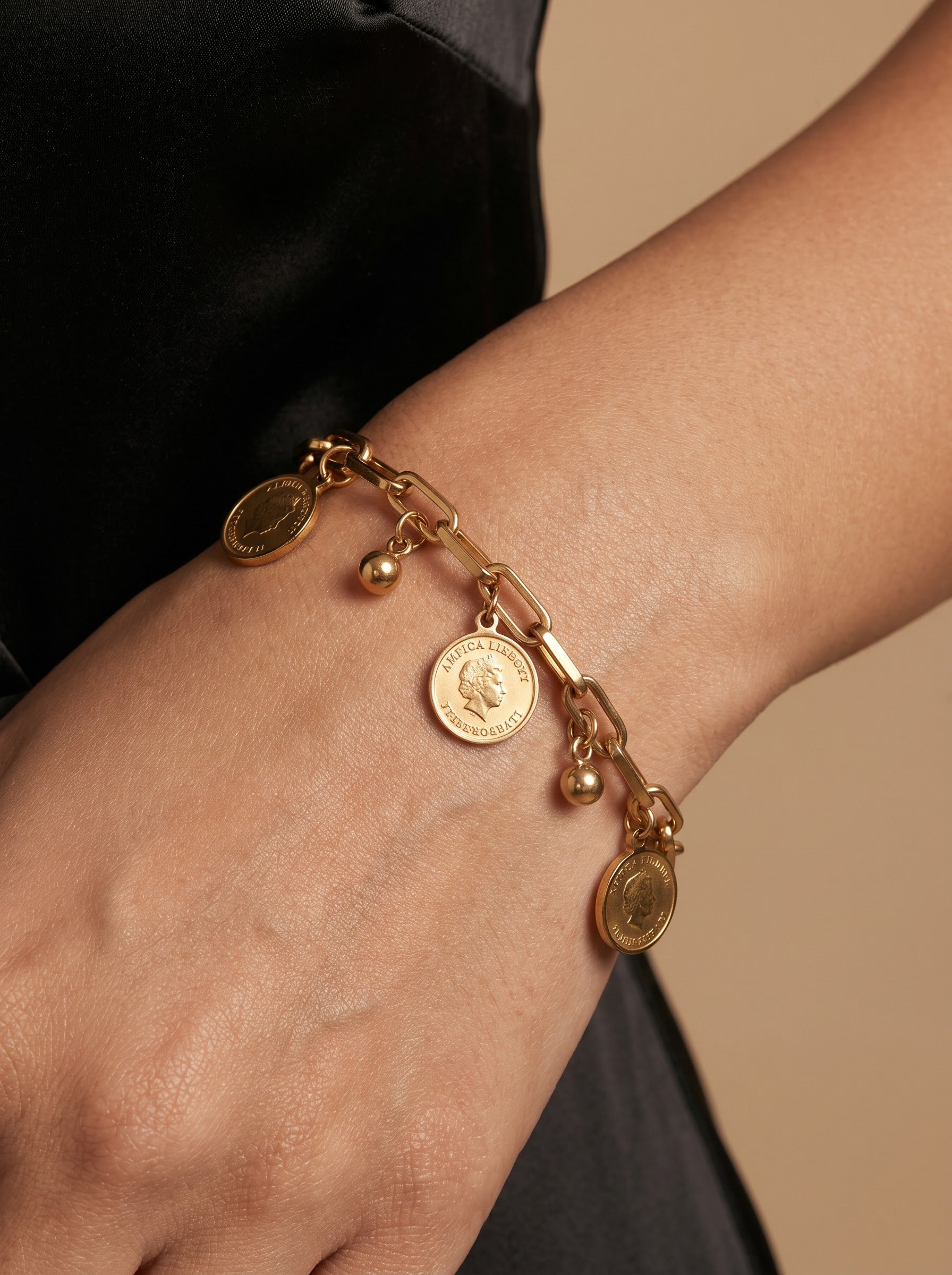 Gold Coin Disc Bracelet – Polished Stainless Steel Charms