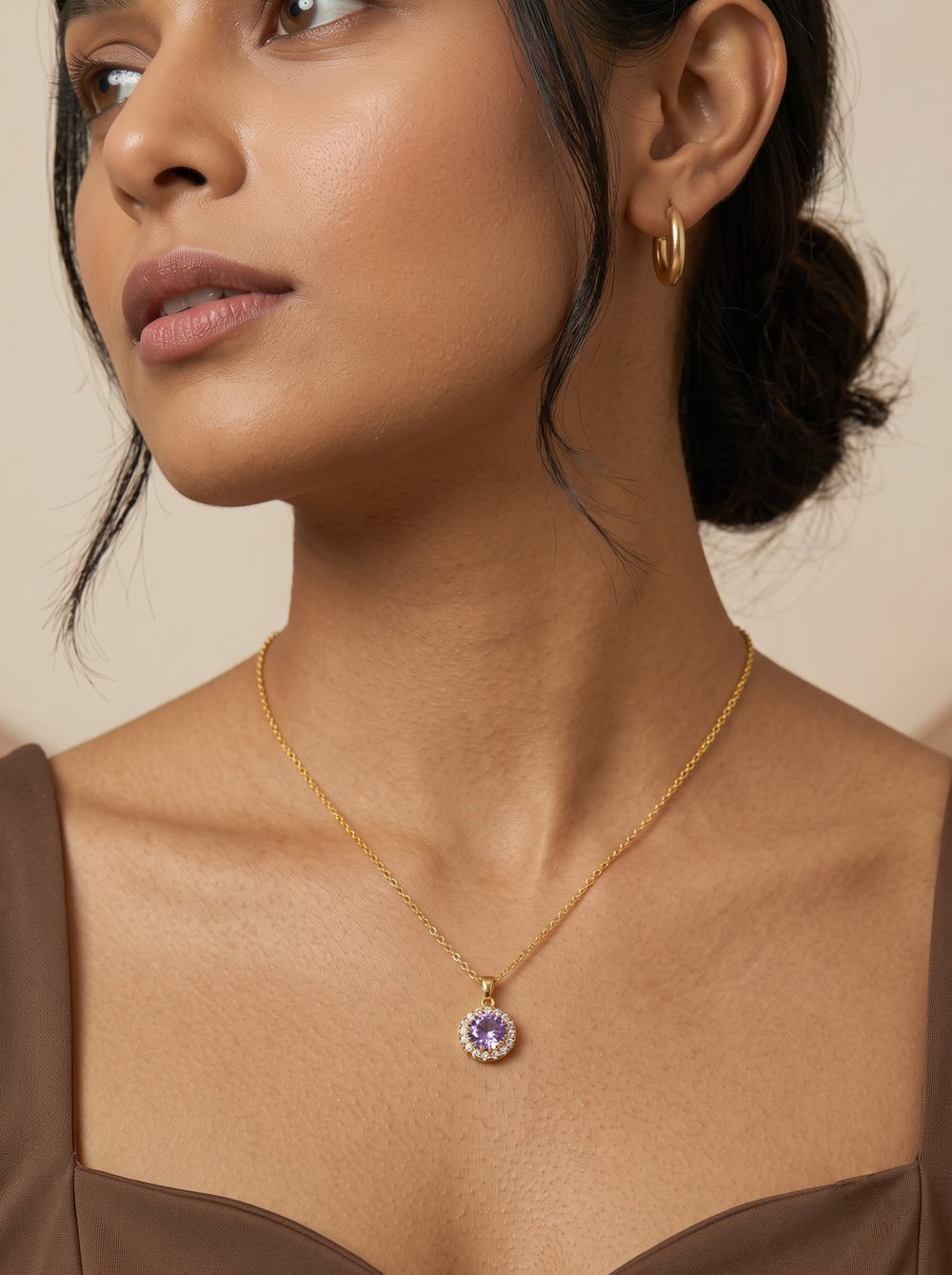 Purple Lucky-Bead Zircon Pendant Necklace – Gold-Plated Copper