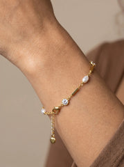 Gold Pearl Beaded Bracelet with Zircon Charm – Handmade