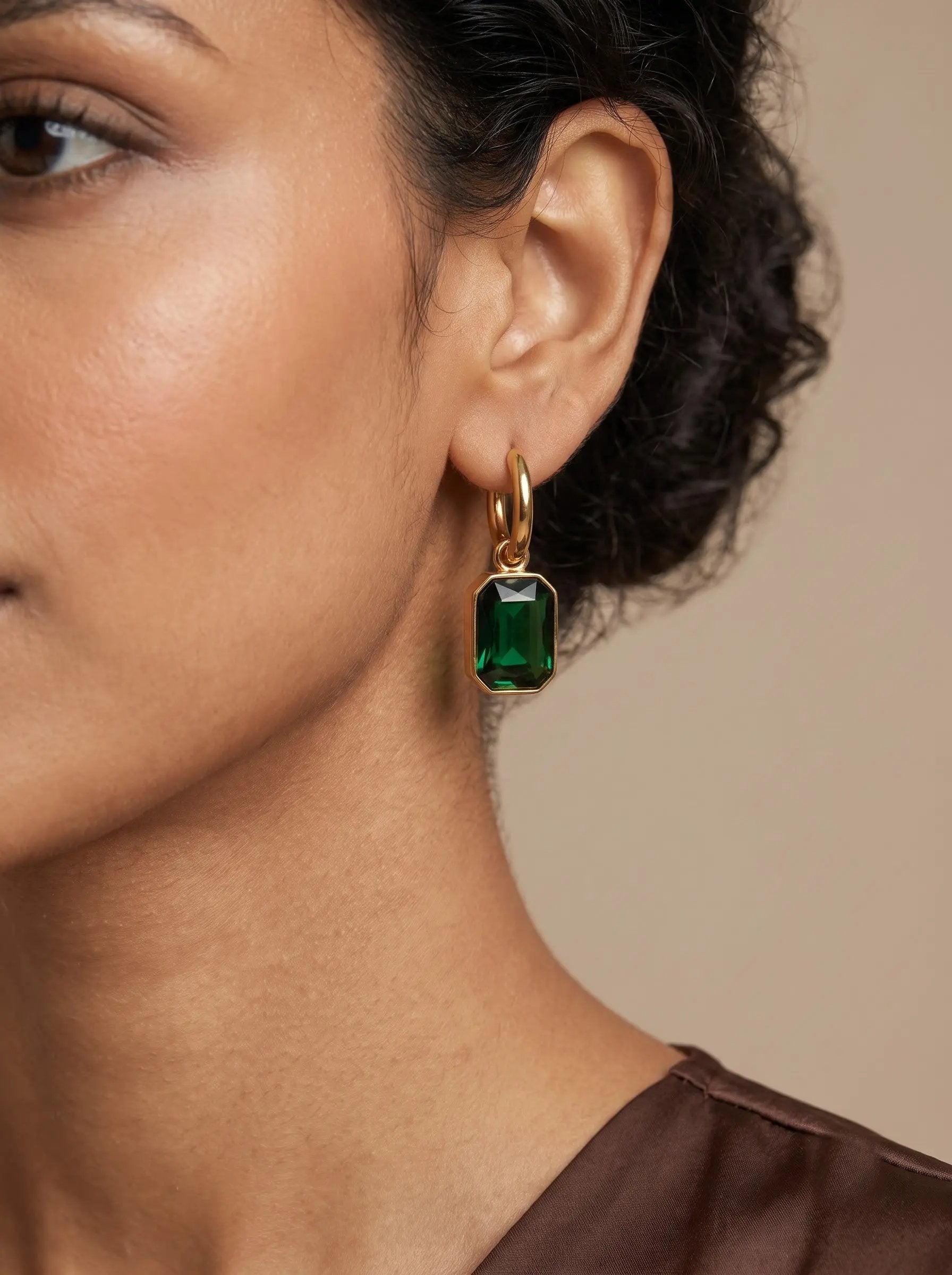 Green Zircon Drop Huggie Earrings – 18K Gold Emerald Tone