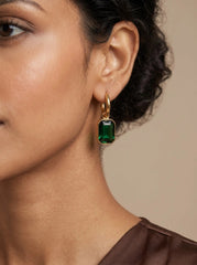 Green Zircon Drop Huggie Earrings – 18K Gold Emerald Tone