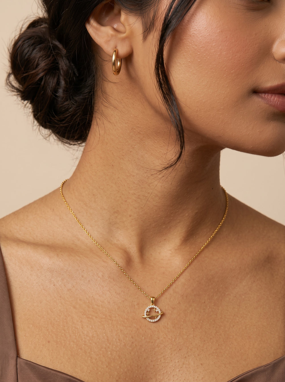 Smiley Planet Zircon Pendant Necklace – Gold-Plated Copper