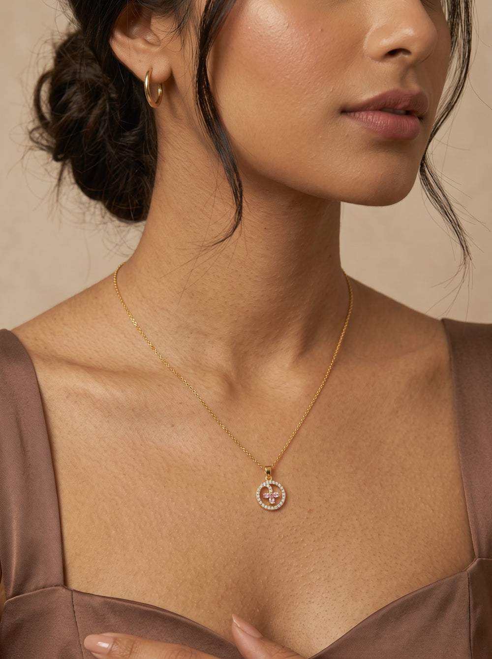 E-Shaped Floral Zircon Pendant Necklace – Gold-Plated Copper