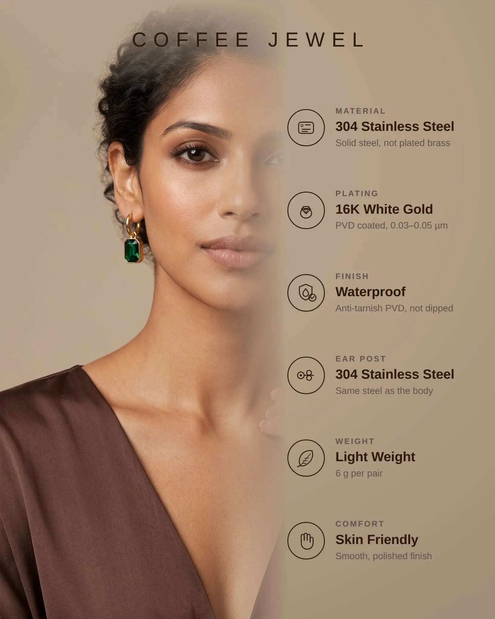 Green Zircon Drop Huggie Earrings – 18K Gold Emerald Tone