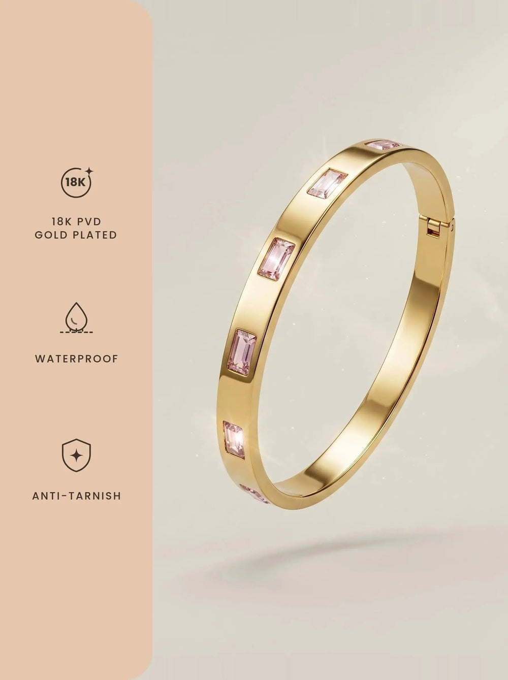 Gold bangle set with pink baguette cut zircon stones — view 4