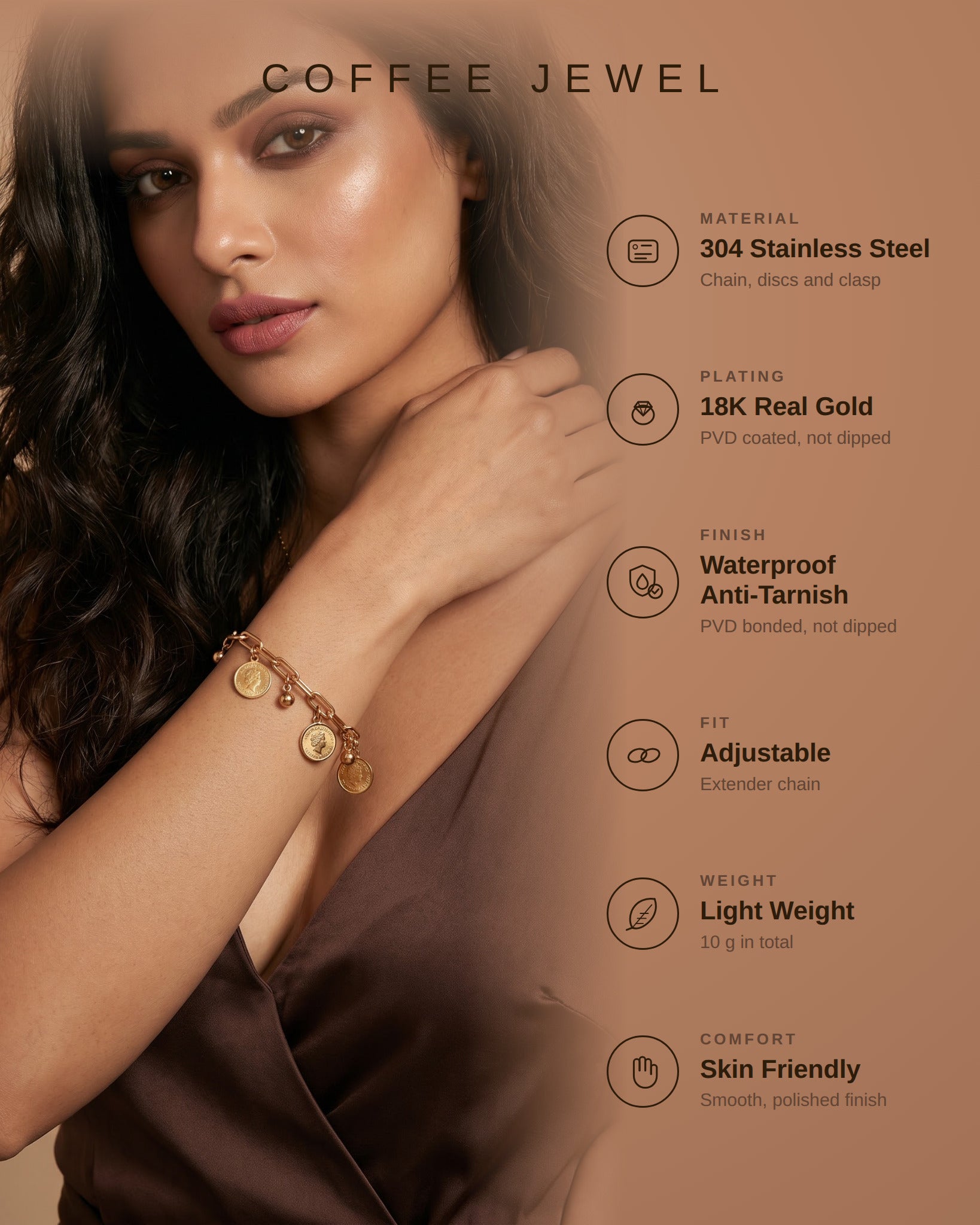 Gold Coin Disc Bracelet – Polished Stainless Steel Charms