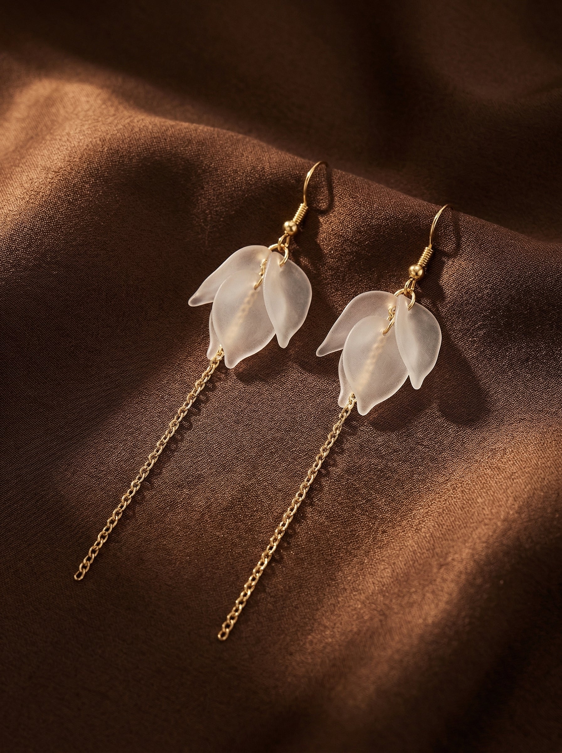 White Leaf Dangle Earrings with Gold S925 Silver Hooks