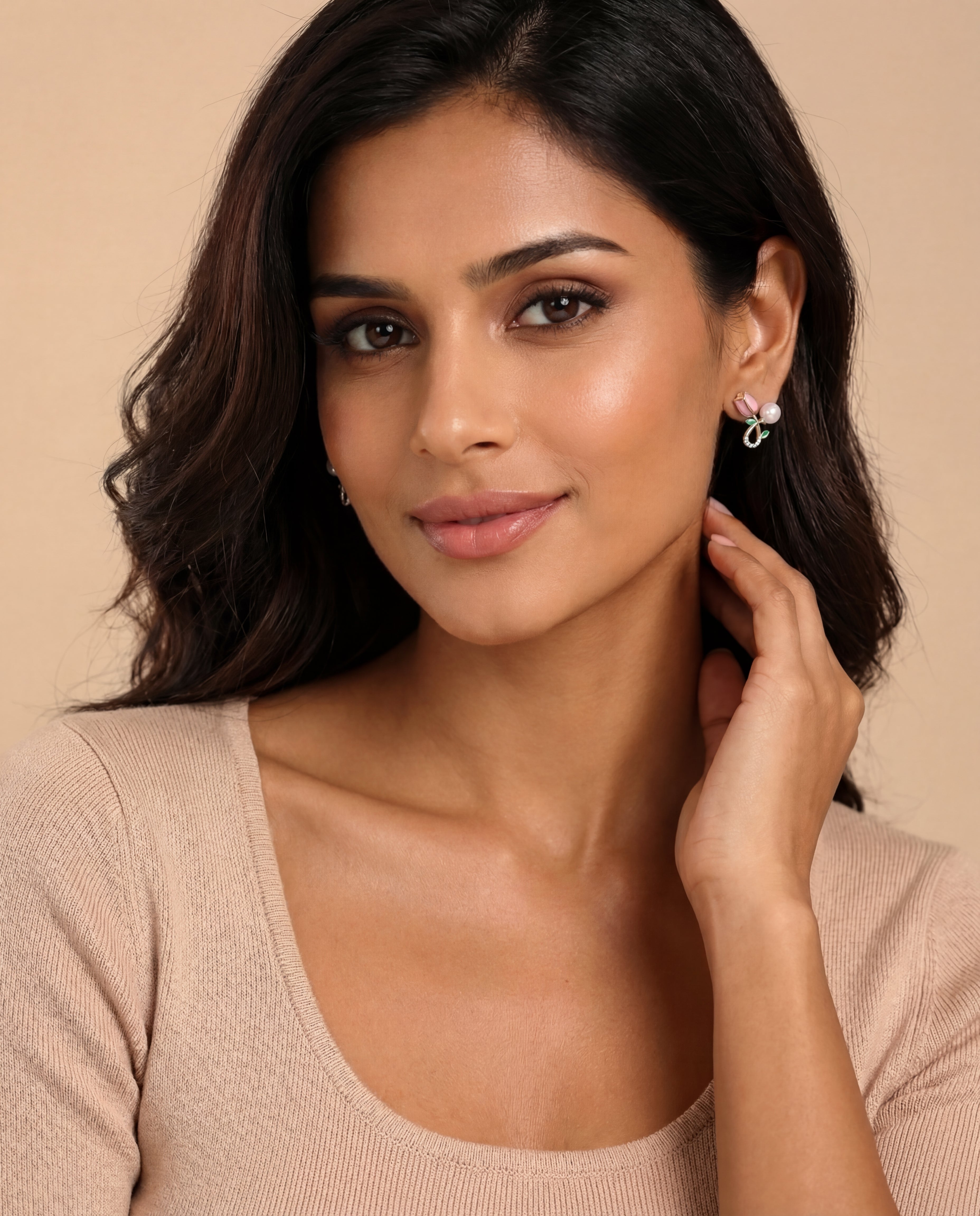 Gold-Tone Floral Drop Earrings with Pink Petals & Pearl