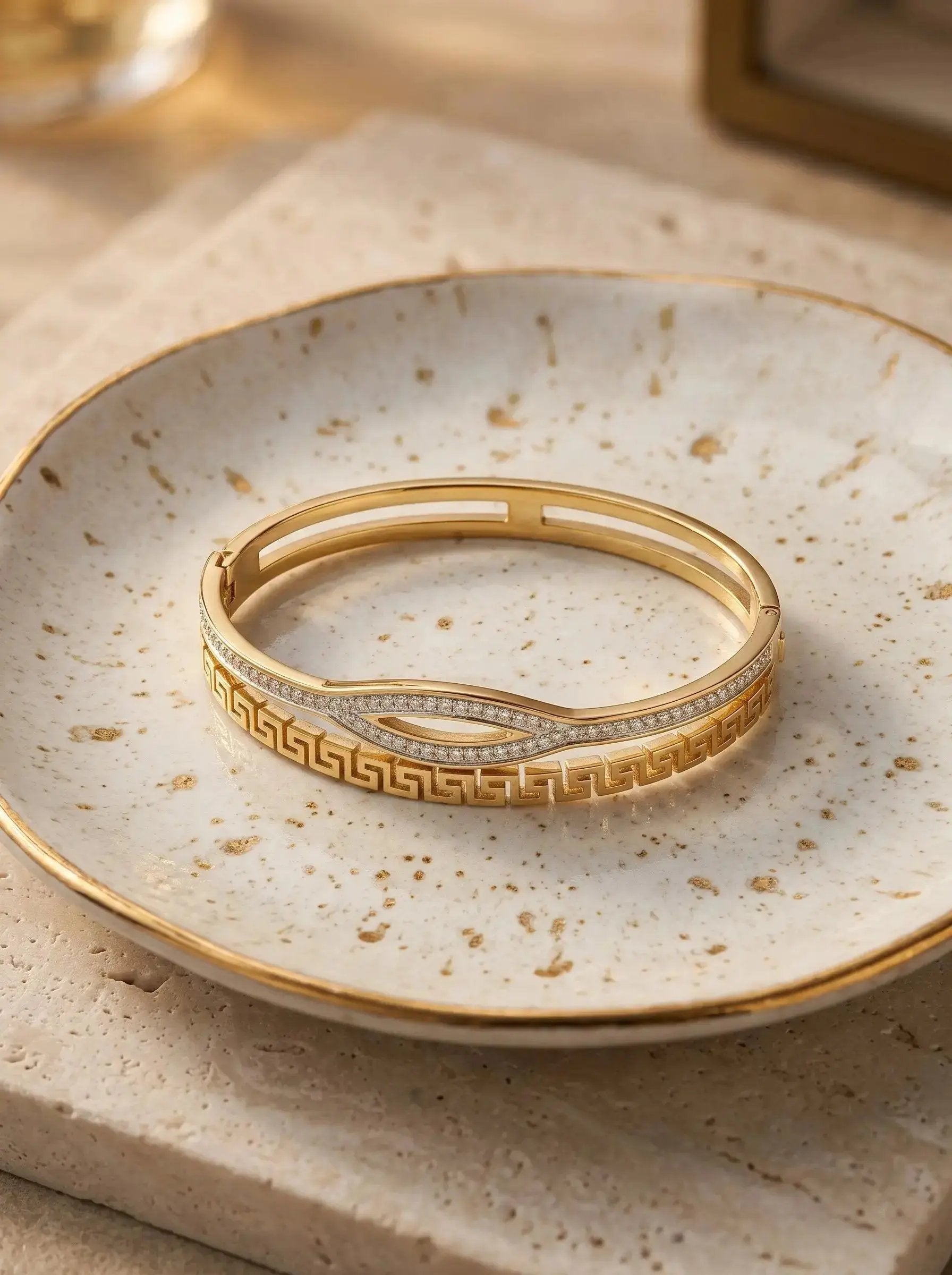 Gold Greek key bangle with pave zircon marquise centre — view 5