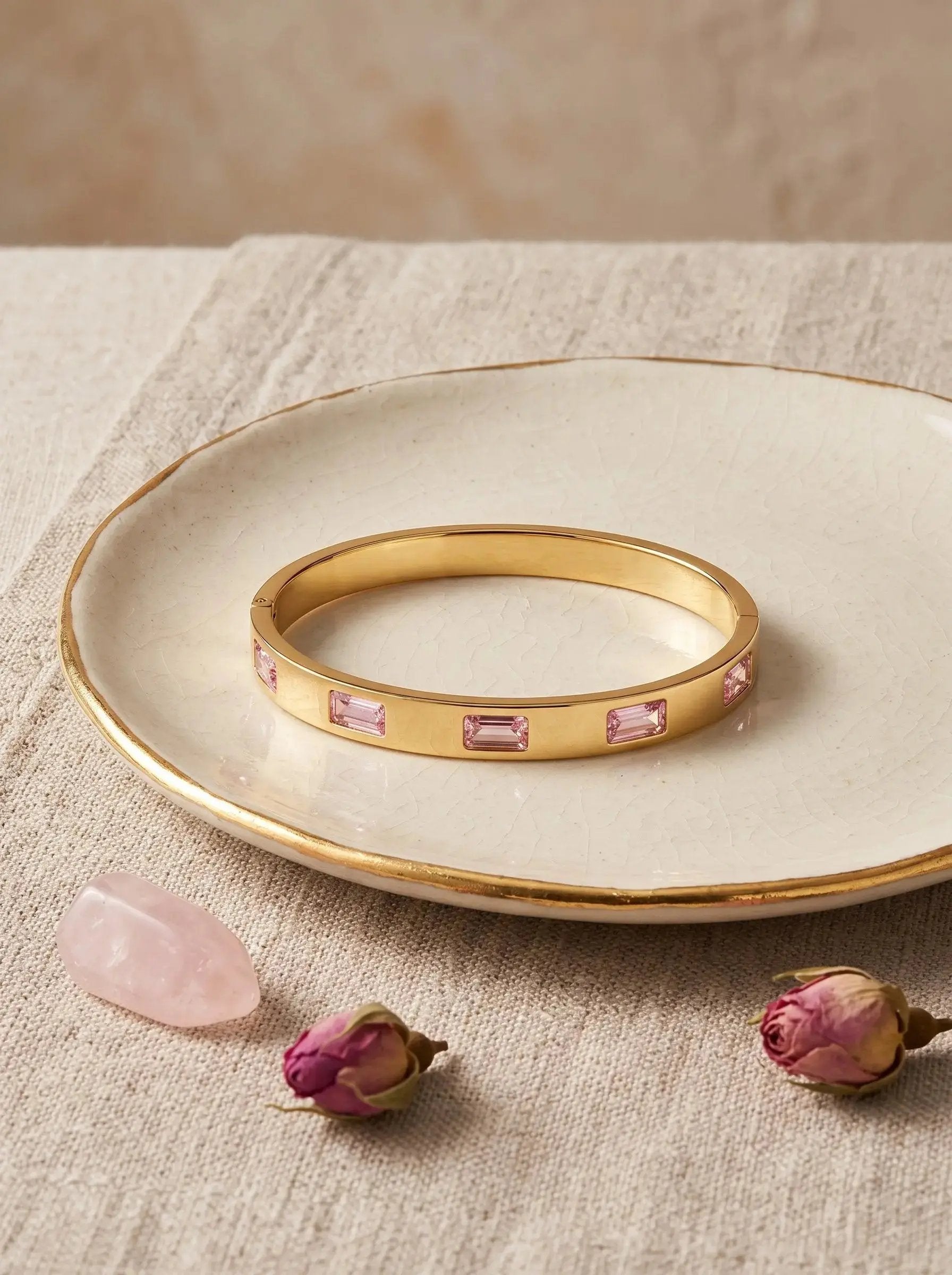 Gold bangle set with pink baguette cut zircon stones — view 5