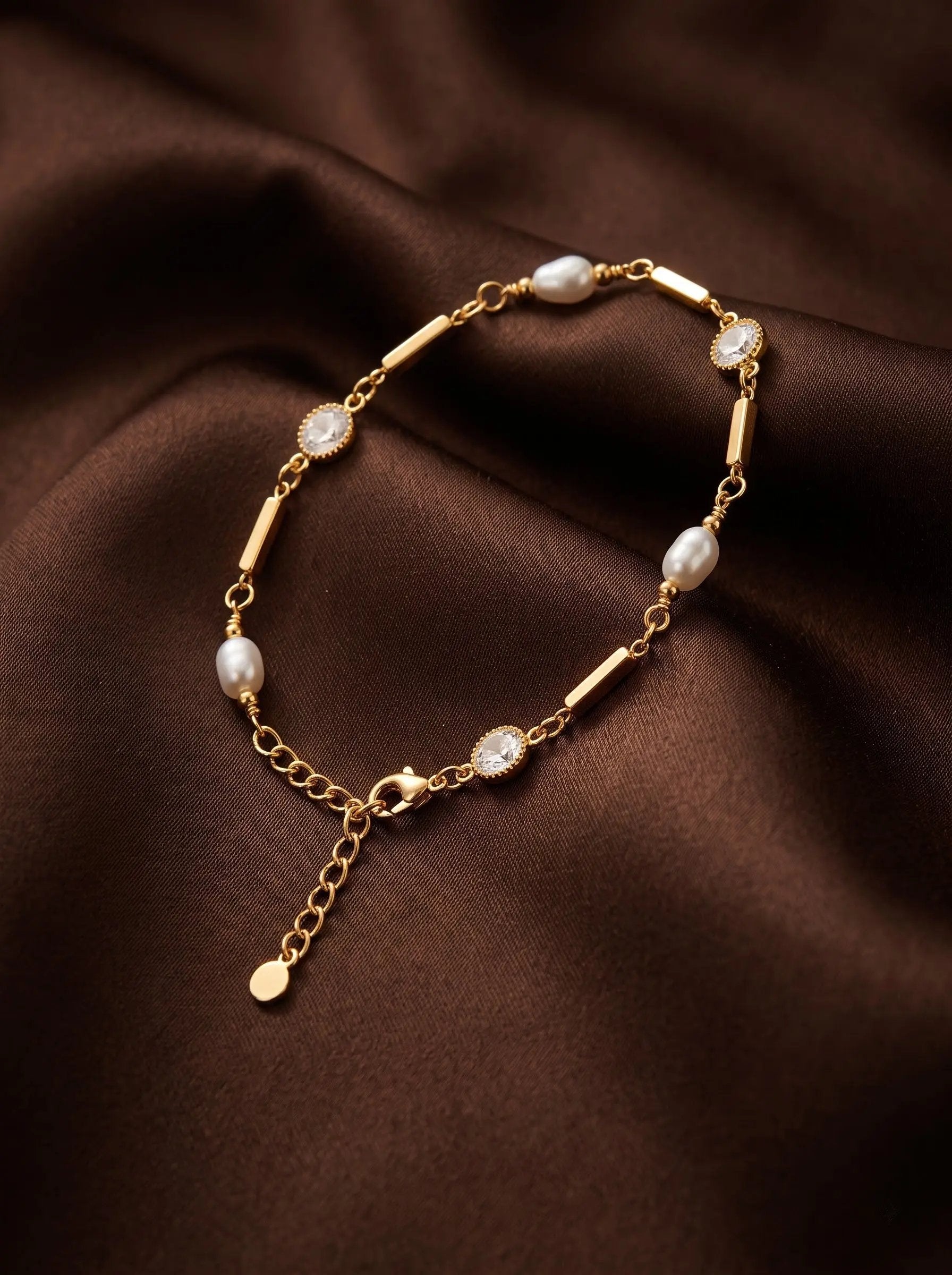 Gold Pearl Beaded Bracelet with Zircon Charm – Handmade