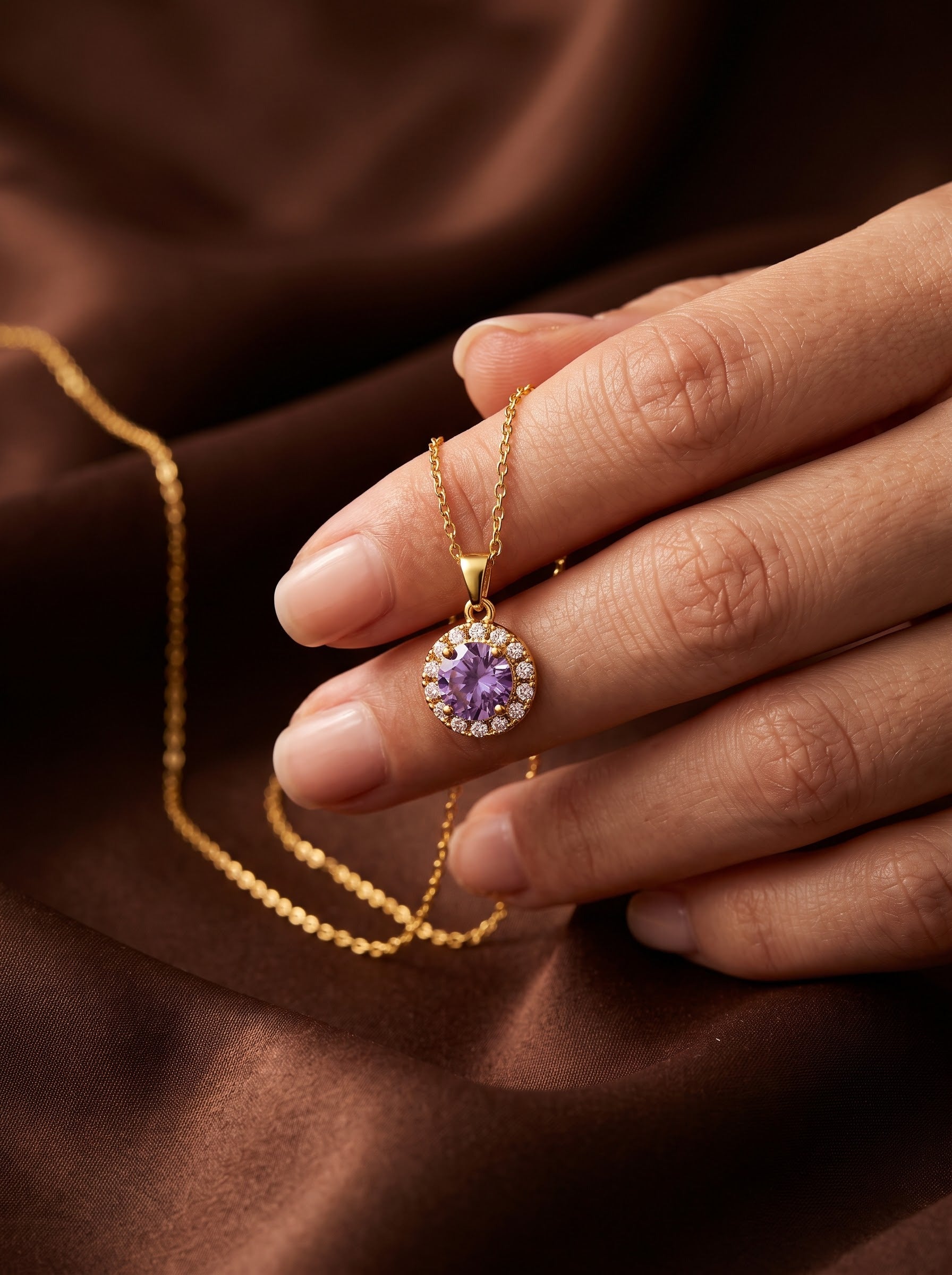 Purple Lucky-Bead Zircon Pendant Necklace – Gold-Plated Copper