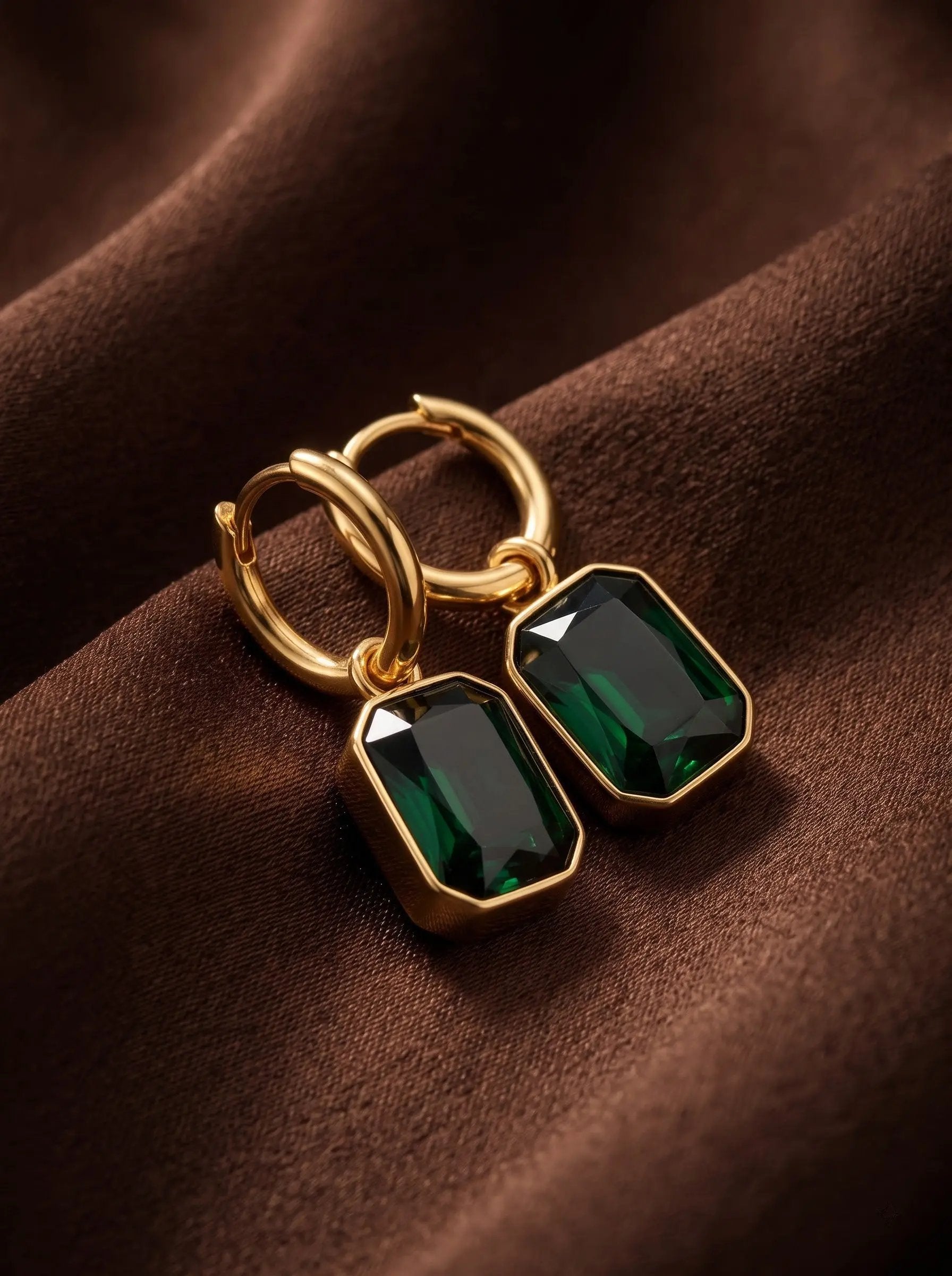 Green Zircon Drop Huggie Earrings – 18K Gold Emerald Tone