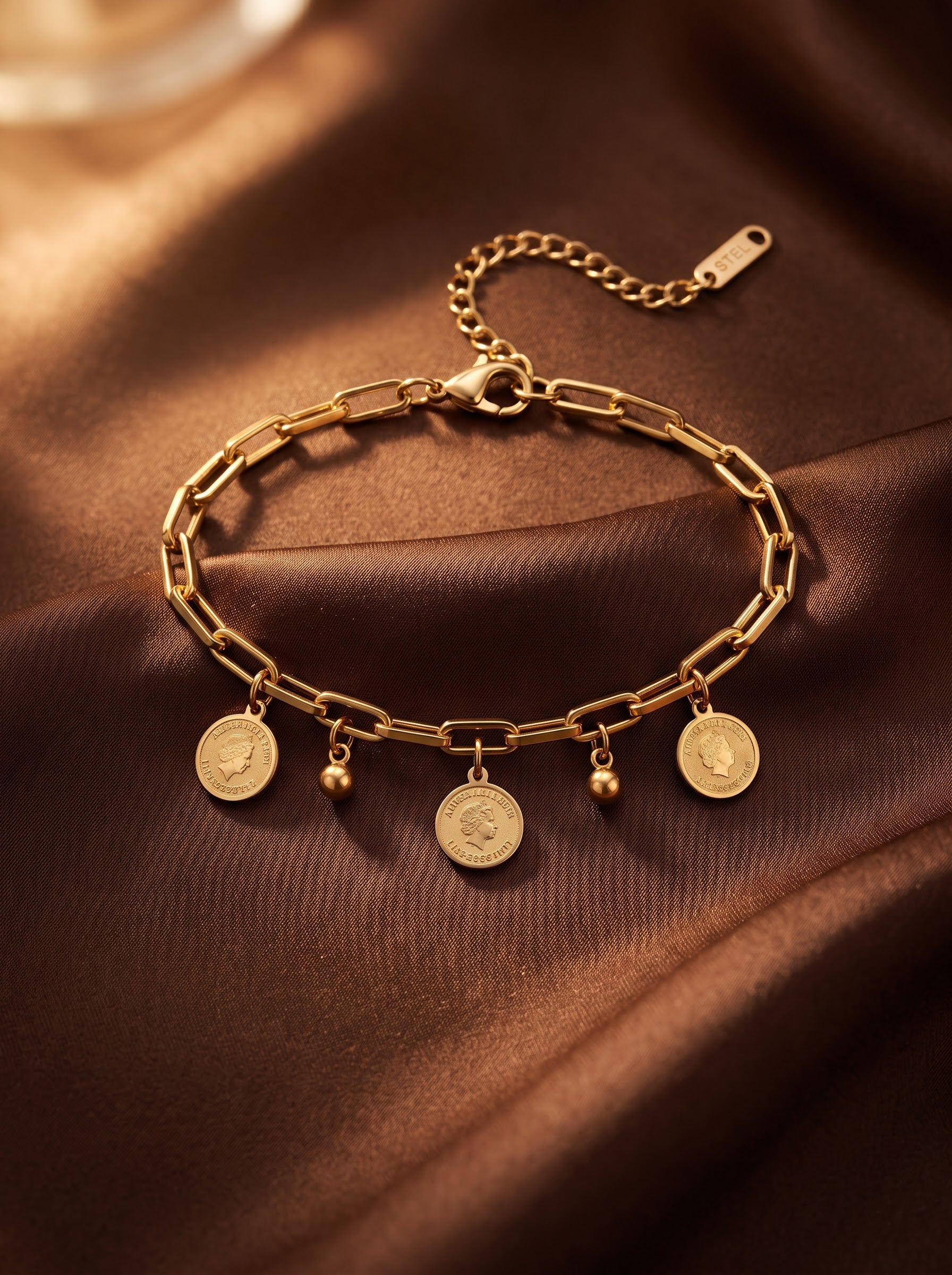Gold Coin Disc Bracelet – Polished Stainless Steel Charms