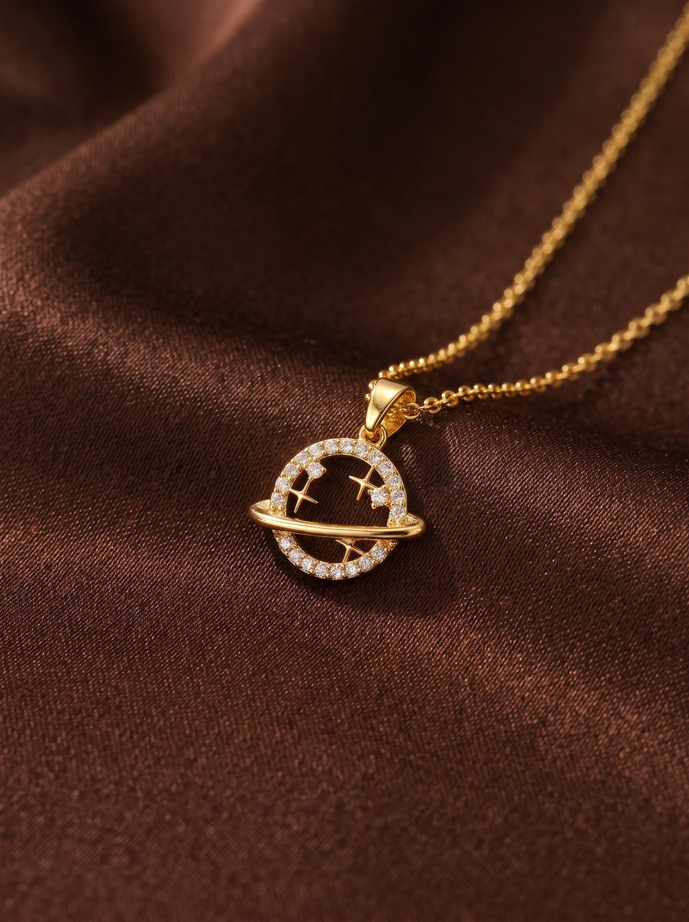 Smiley Planet Zircon Pendant Necklace – Gold-Plated Copper