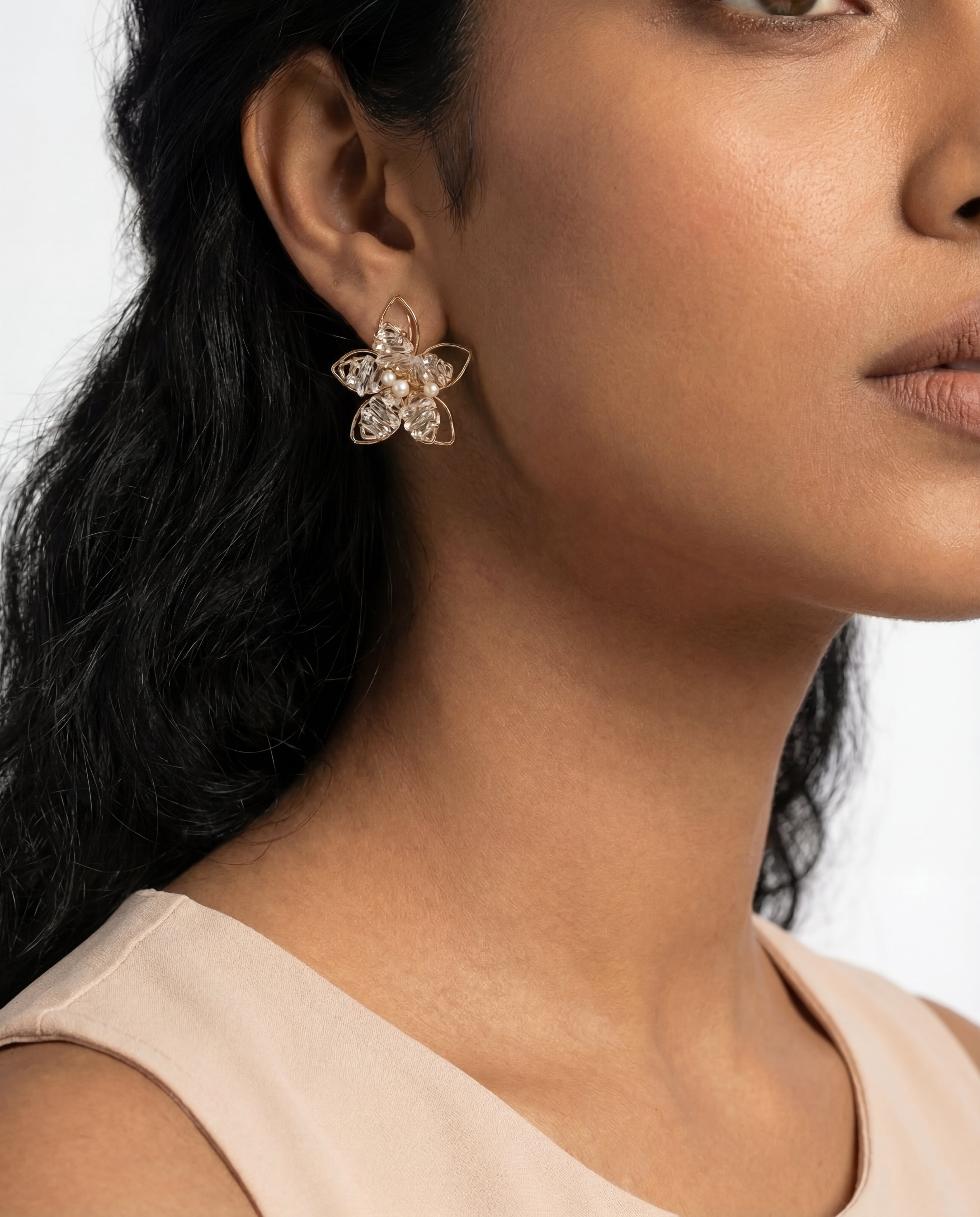Gold Flower Butterfly Earrings with Pearls & Rhinestones