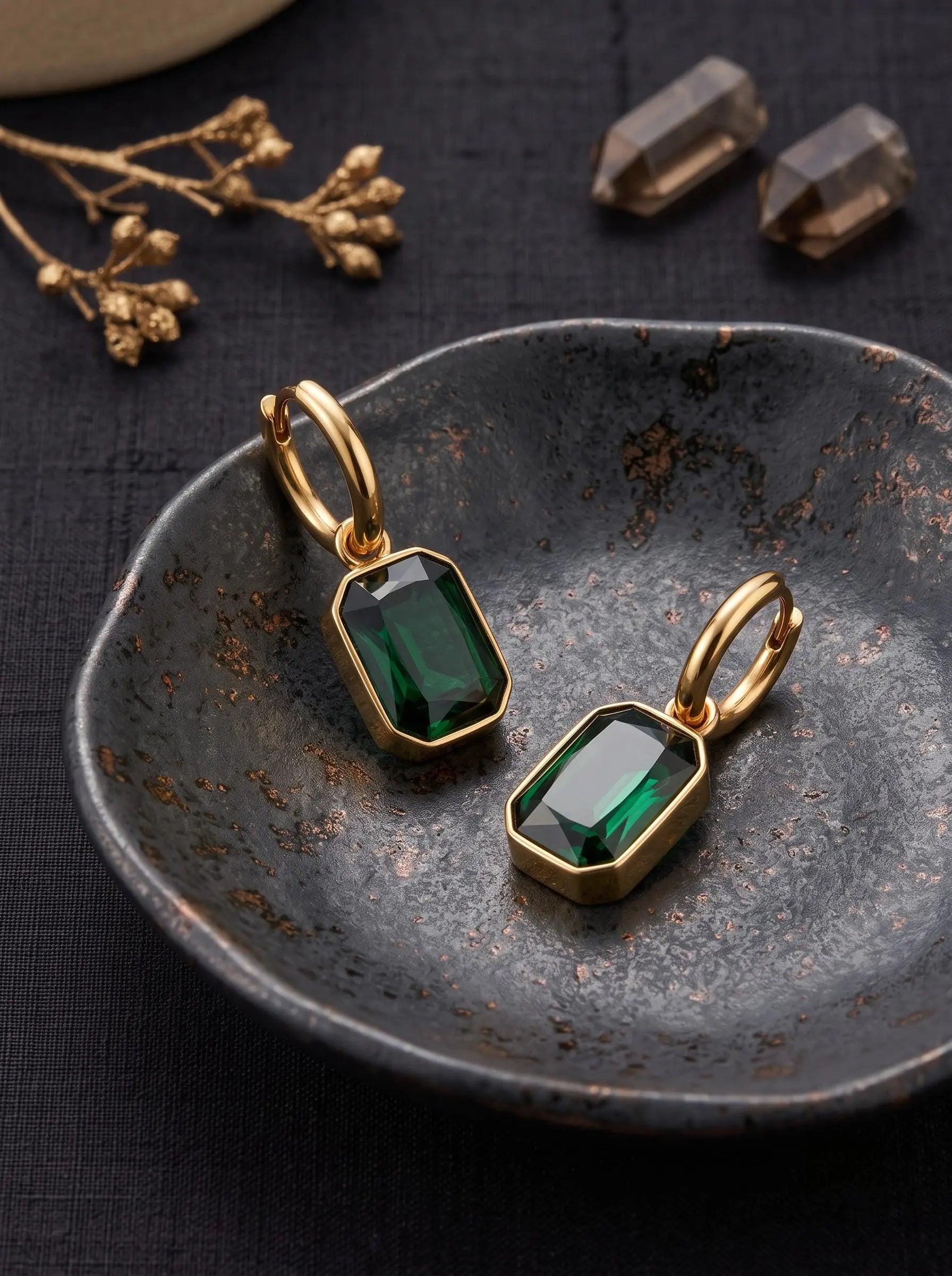 Green Zircon Drop Huggie Earrings – 18K Gold Emerald Tone
