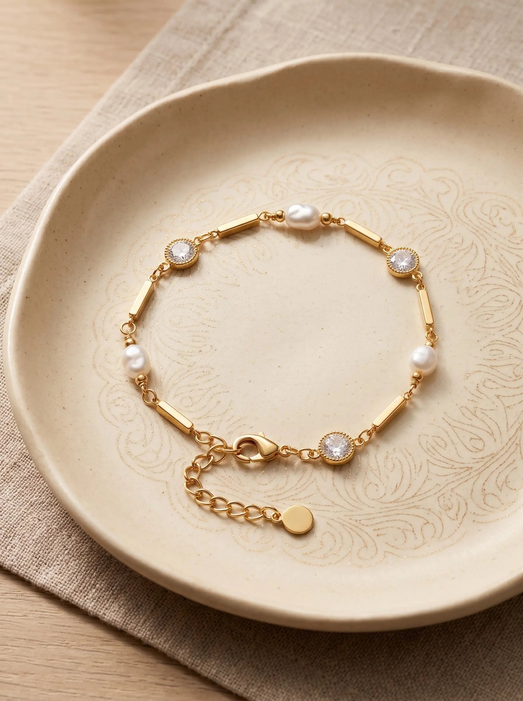 Gold Pearl Beaded Bracelet with Zircon Charm – Handmade