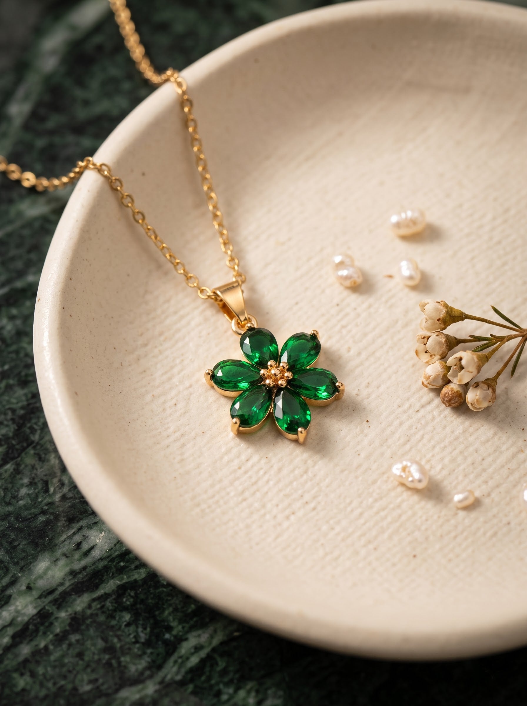 Green Enamel Flower Pendant Necklace – Gold Floral