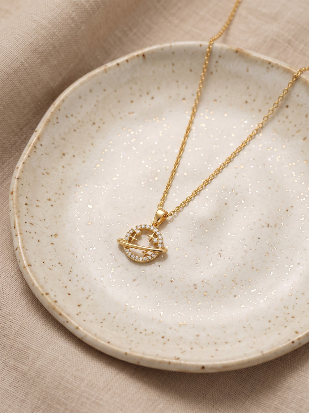 Smiley Planet Zircon Pendant Necklace – Gold-Plated Copper