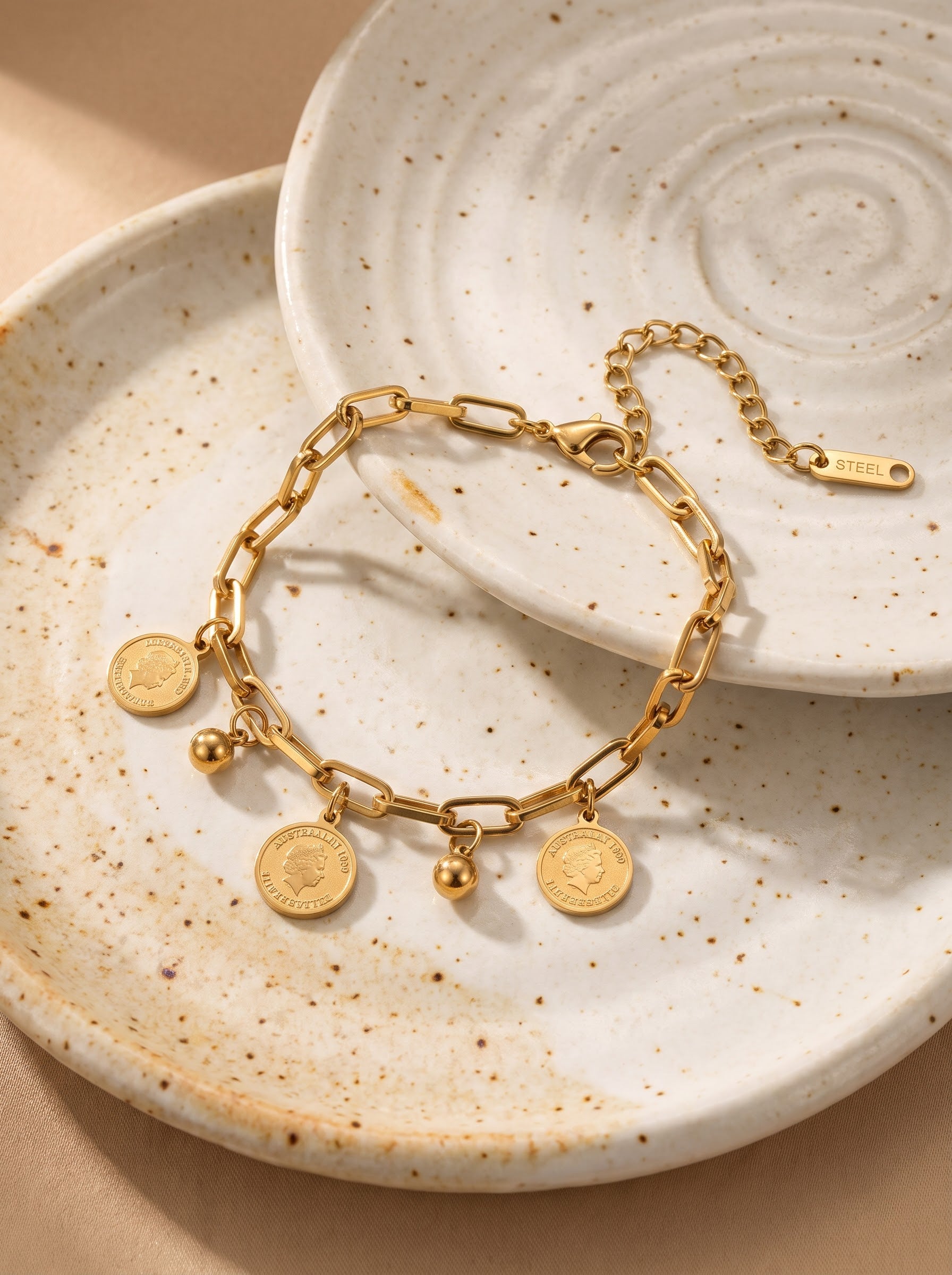 Gold Coin Disc Bracelet – Polished Stainless Steel Charms