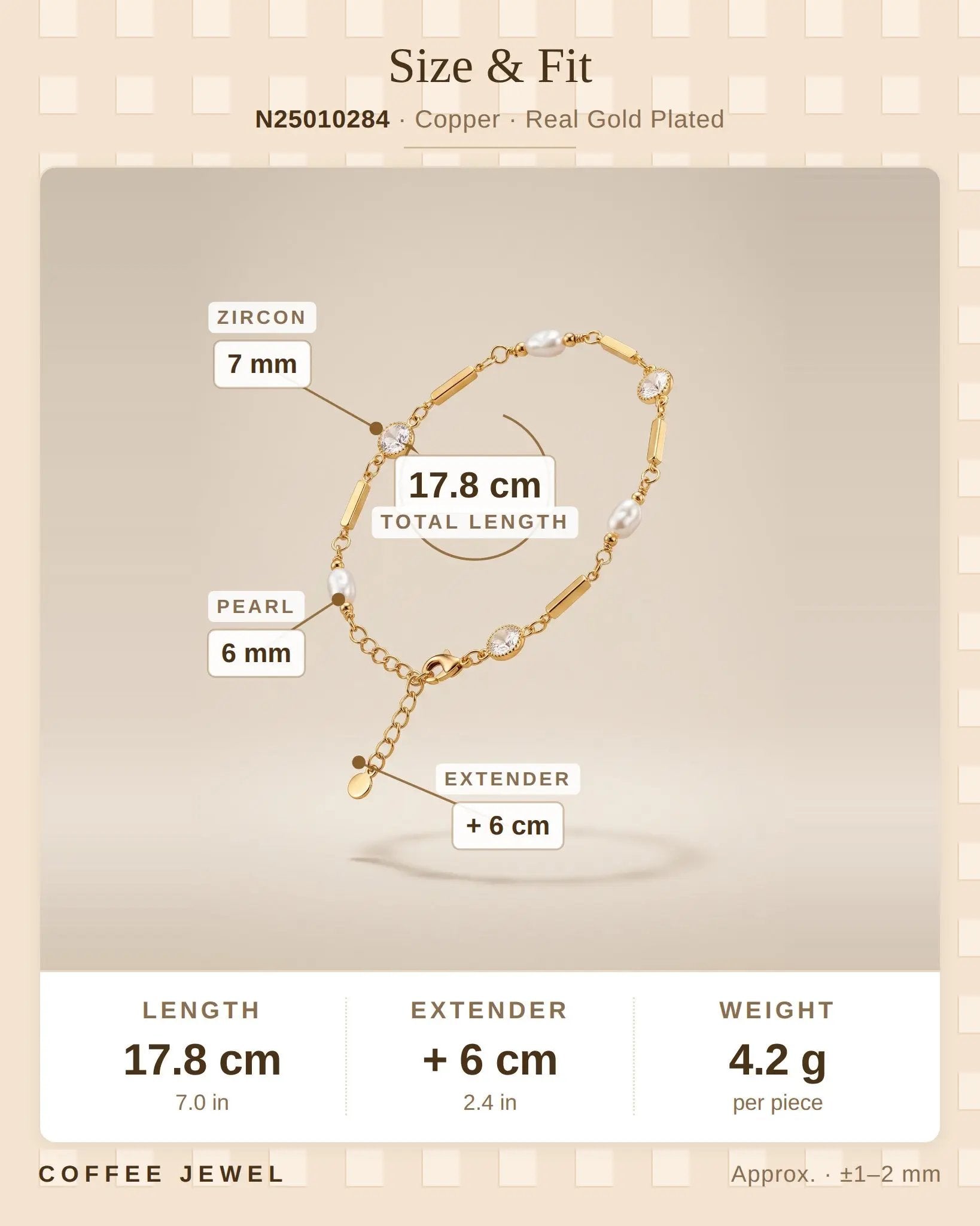 Gold Pearl Beaded Bracelet with Zircon Charm – Handmade