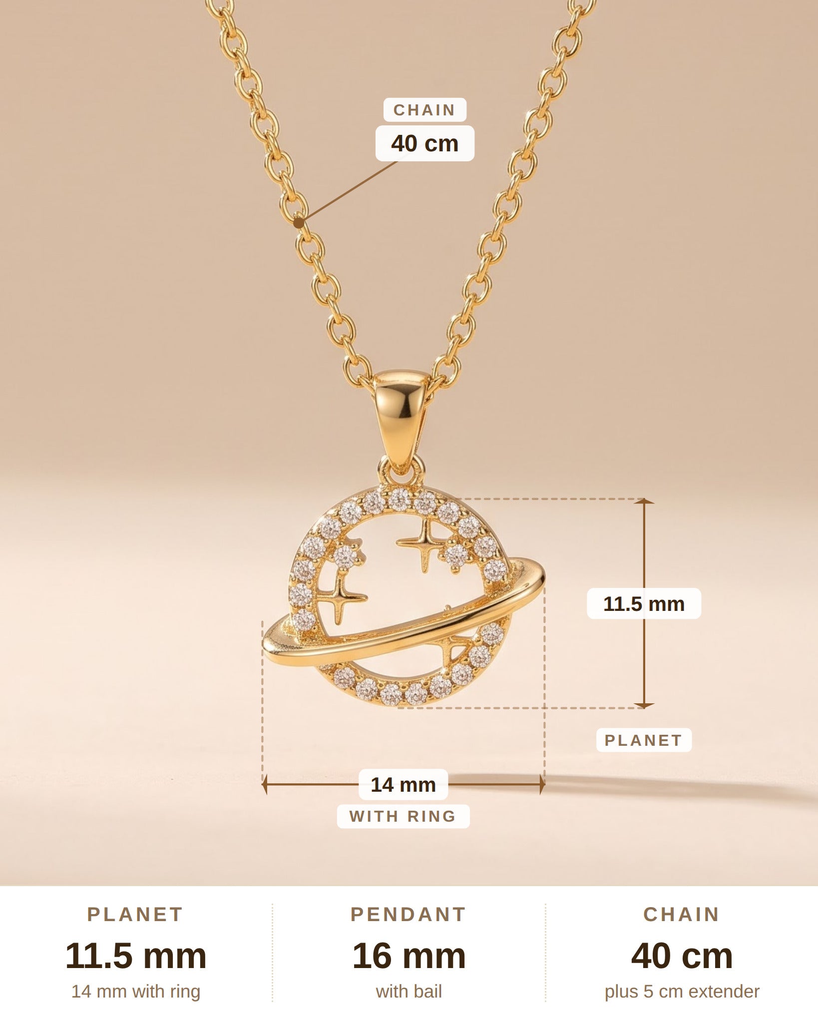 Smiley Planet Zircon Pendant Necklace – Gold-Plated Copper