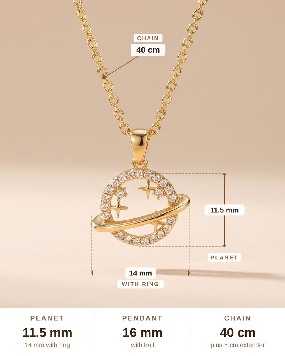 Smiley Planet Zircon Pendant Necklace – Gold-Plated Copper