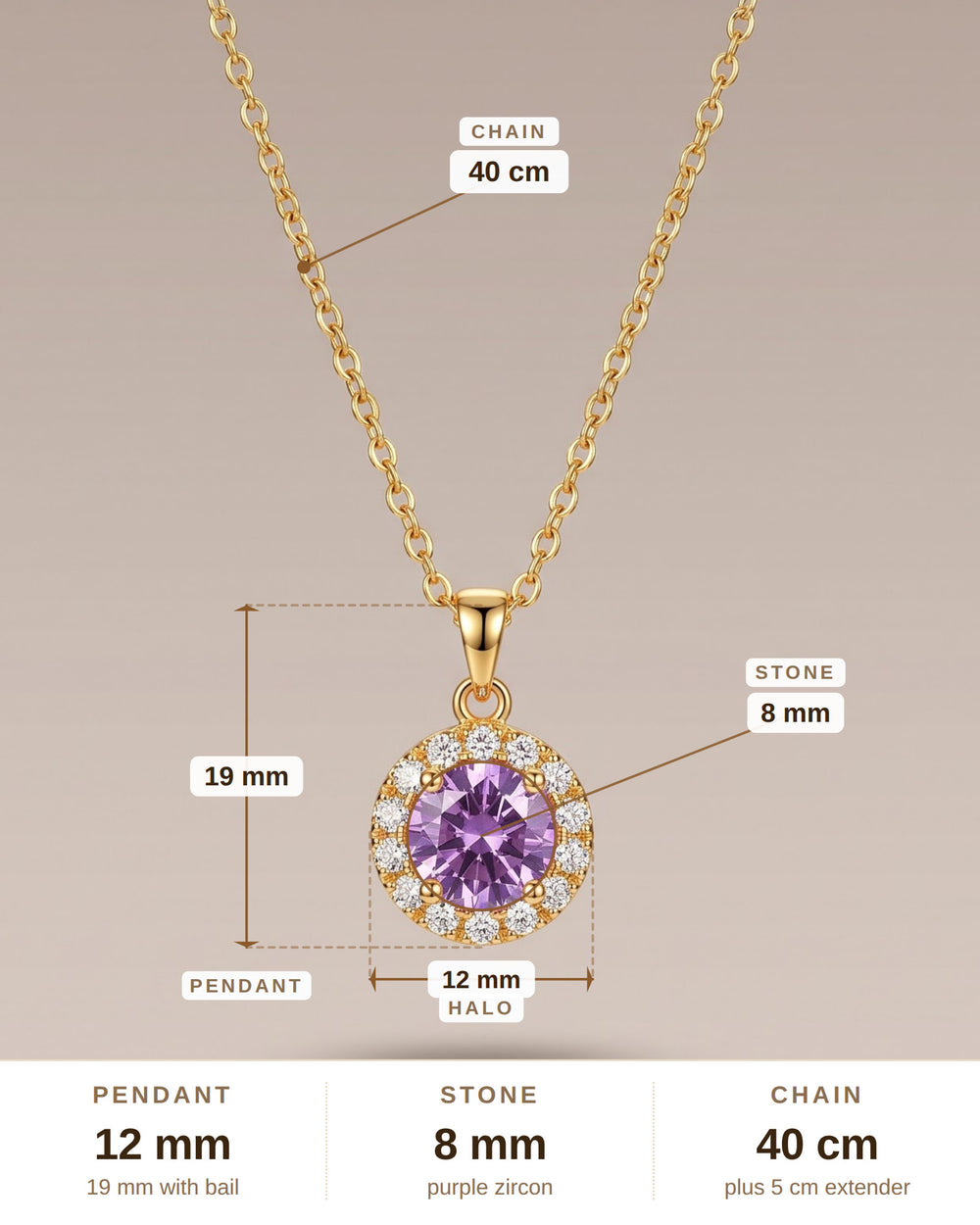 Purple Lucky-Bead Zircon Pendant Necklace – Gold-Plated Copper