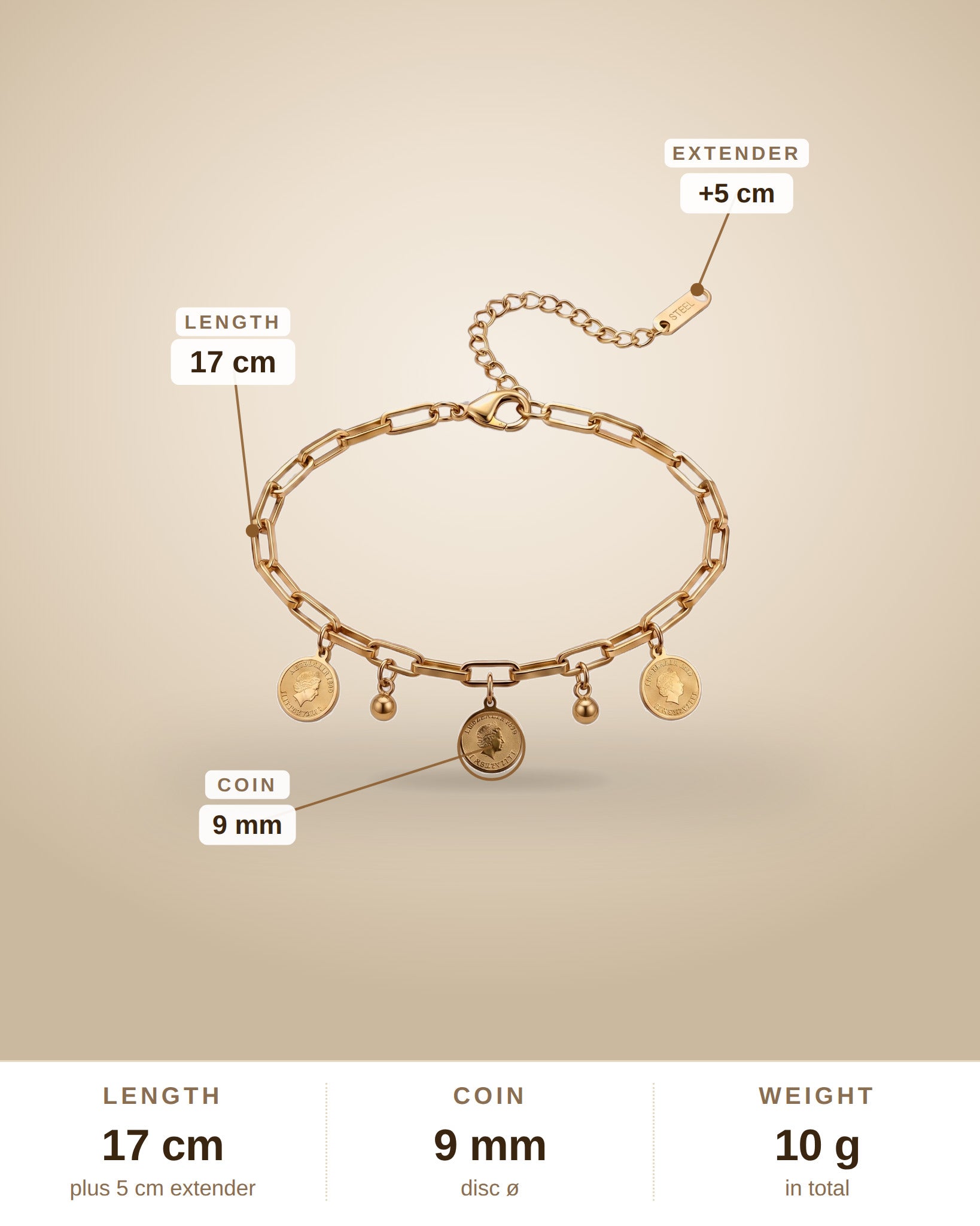 Gold Coin Disc Bracelet – Polished Stainless Steel Charms