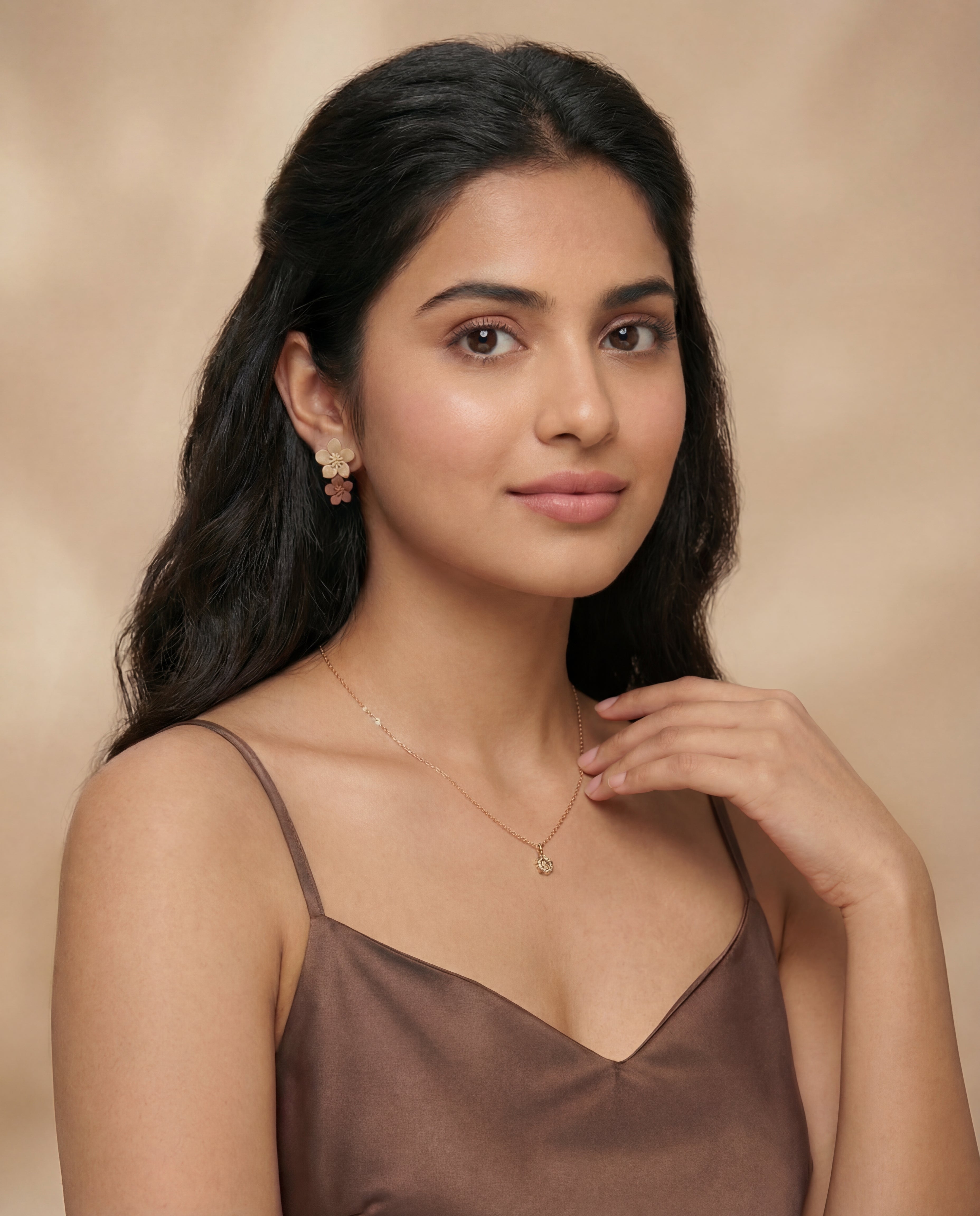 Khaki & Reddish-Brown Floral Layered Earrings