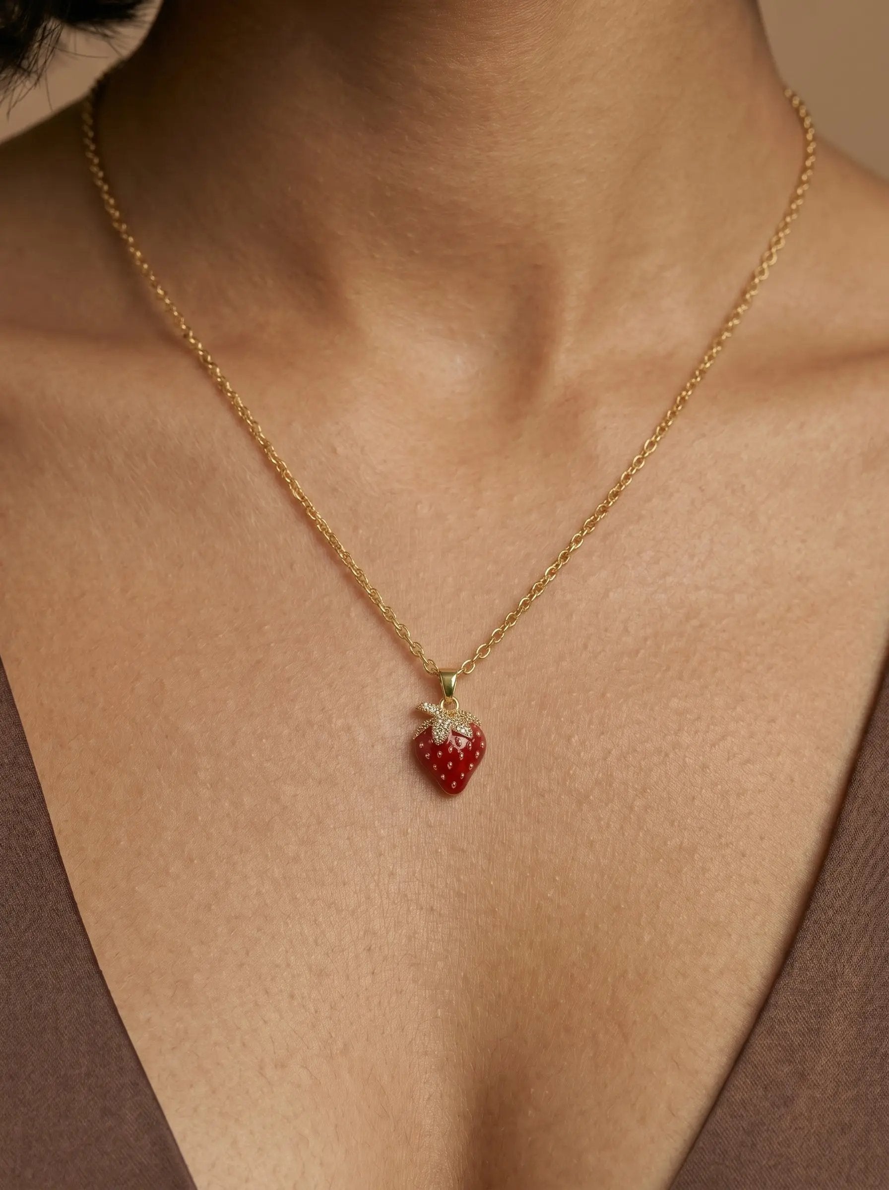 Gold Strawberry Pendant Necklace in Stainless Steel