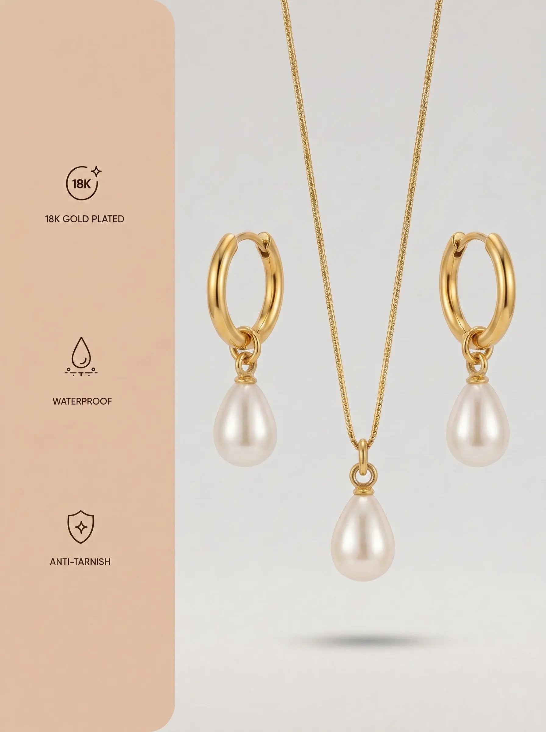 Gold Stainless Steel Teardrop Pearl Necklace & Hoop Earrings Set