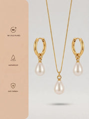 Gold Stainless Steel Teardrop Pearl Necklace & Hoop Earrings Set