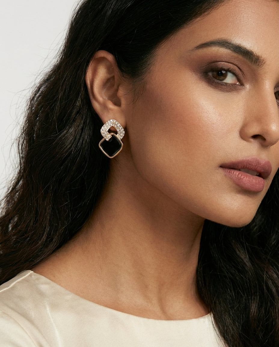 Gold Alloy Drop Earrings with Rhinestone Knot and Dark Square Accent