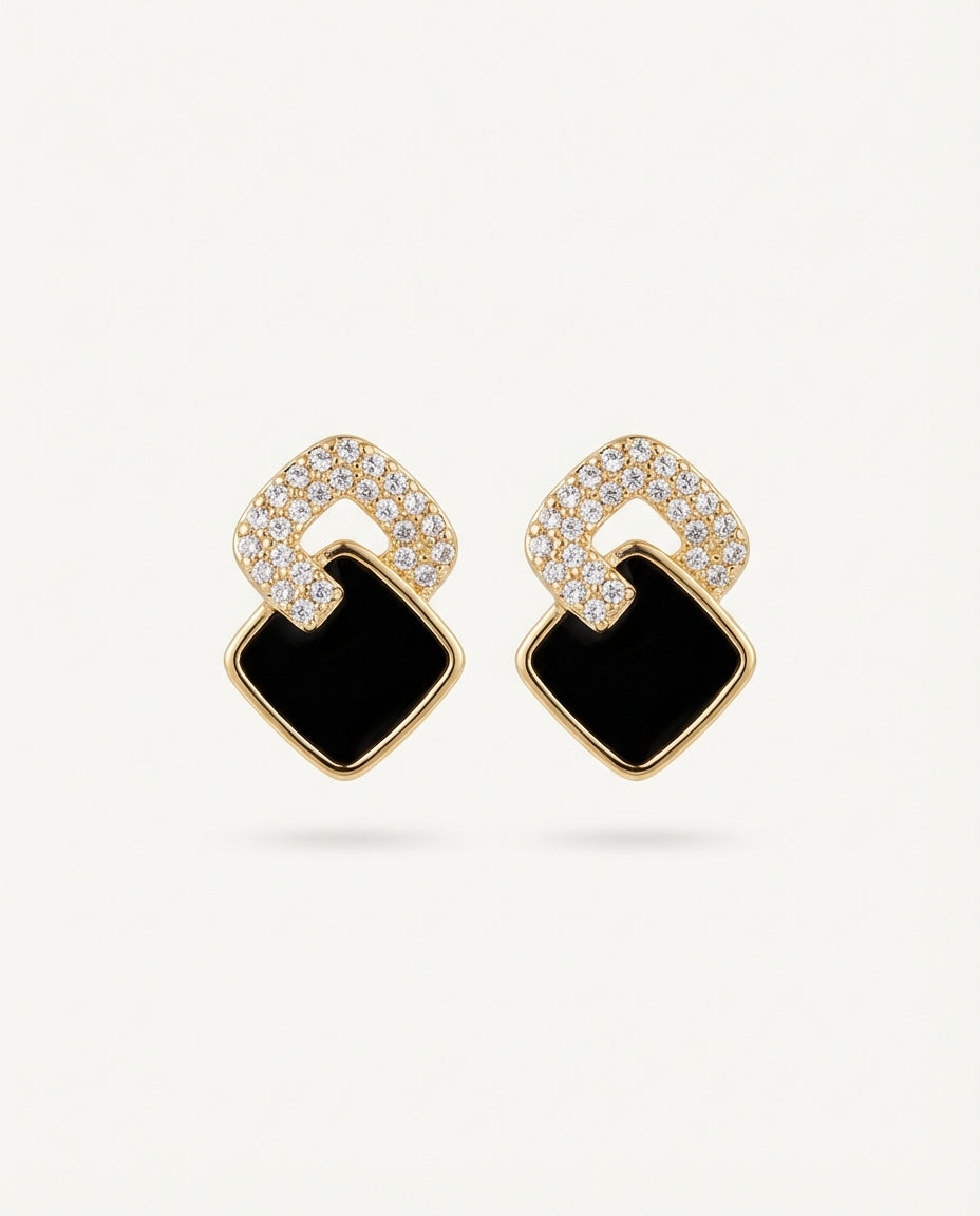 Gold Alloy Drop Earrings with Rhinestone Knot and Dark Square Accent
