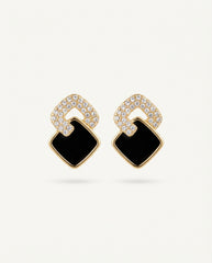 Gold Alloy Drop Earrings with Rhinestone Knot and Dark Square Accent