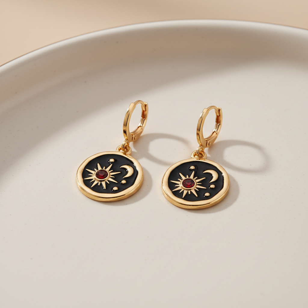 Black & Gold Sun Moon Alloy Dangling Earrings