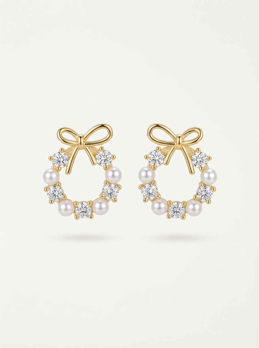 Gold & Pearl Wreath Earrings with Bow - S925 Silver Needle