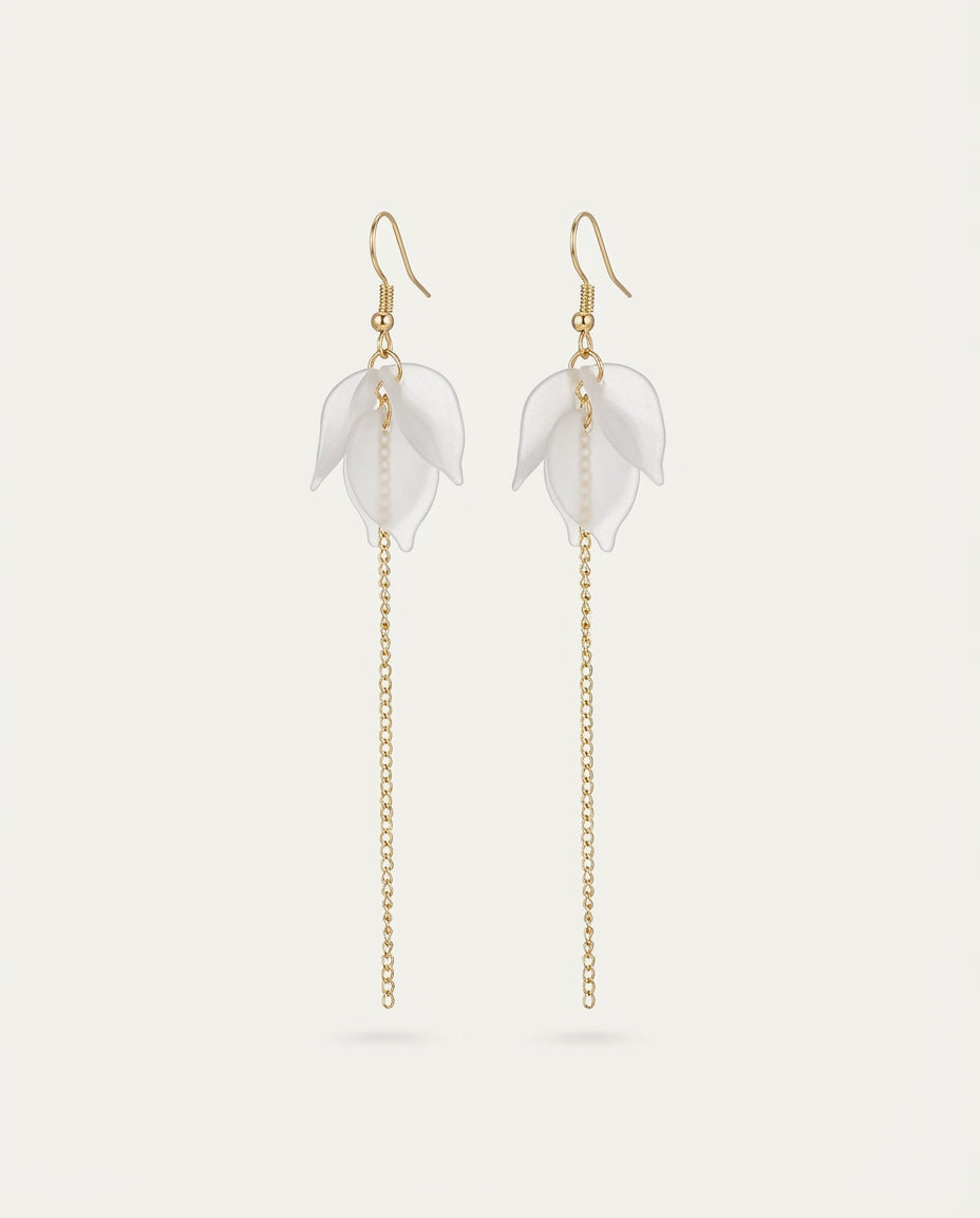 White Leaf Dangle Earrings with Gold S925 Silver Hooks