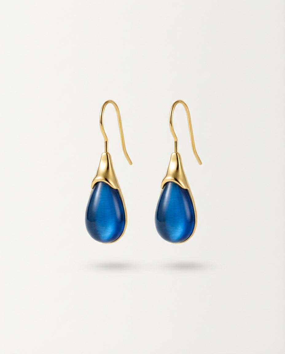 Blue Cat's Eye Drop Earrings in Gold-Tone