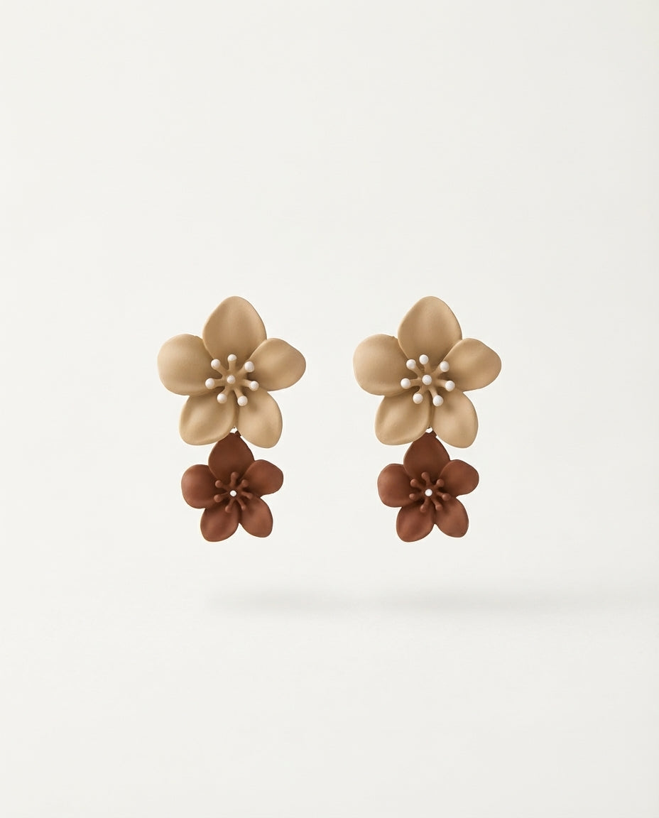 Khaki & Reddish-Brown Floral Layered Earrings