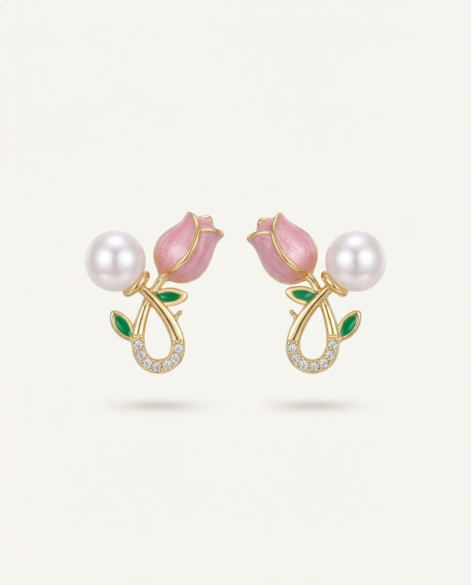 Gold-Tone Floral Drop Earrings with Pink Petals & Pearl