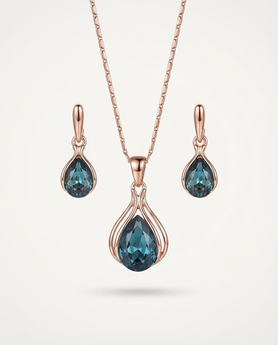 Blue Teardrop Necklace & Earrings Set in Crystal Alloy and Rose Gold
