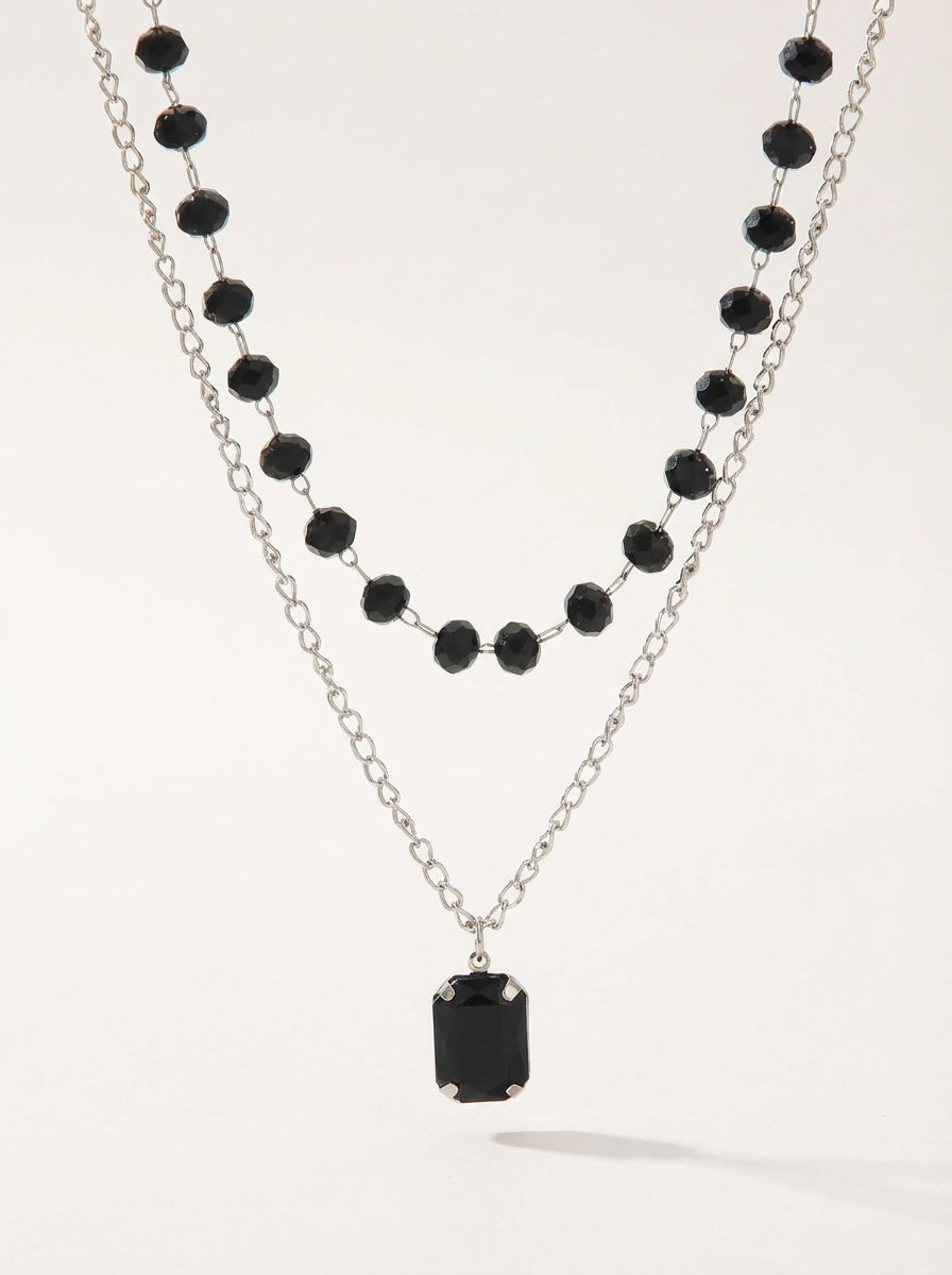 Black Double-Layer White Gold Plated Glass Bead & Acrylic Necklace