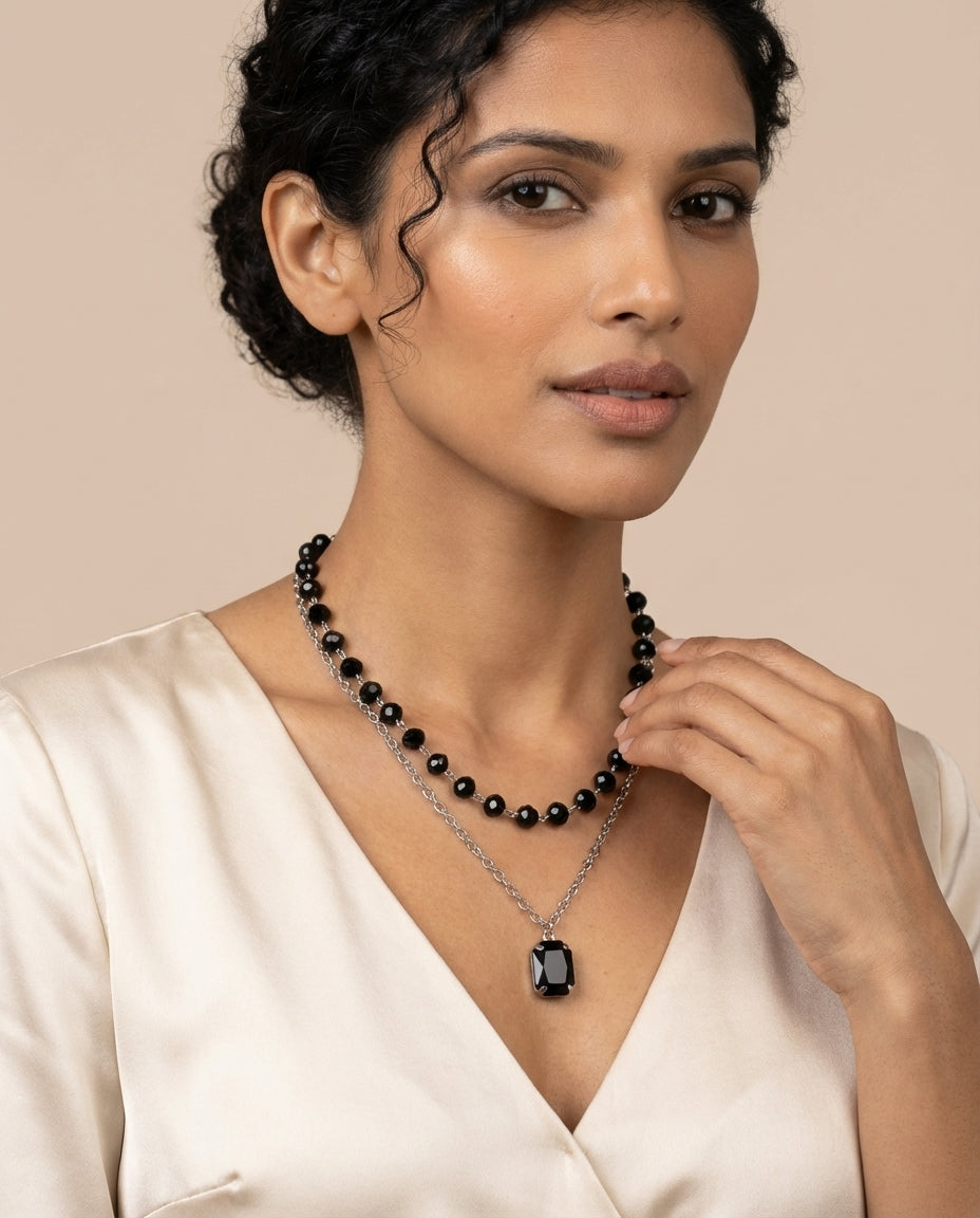 Black Double-Layer White Gold Plated Glass Bead & Acrylic Necklace