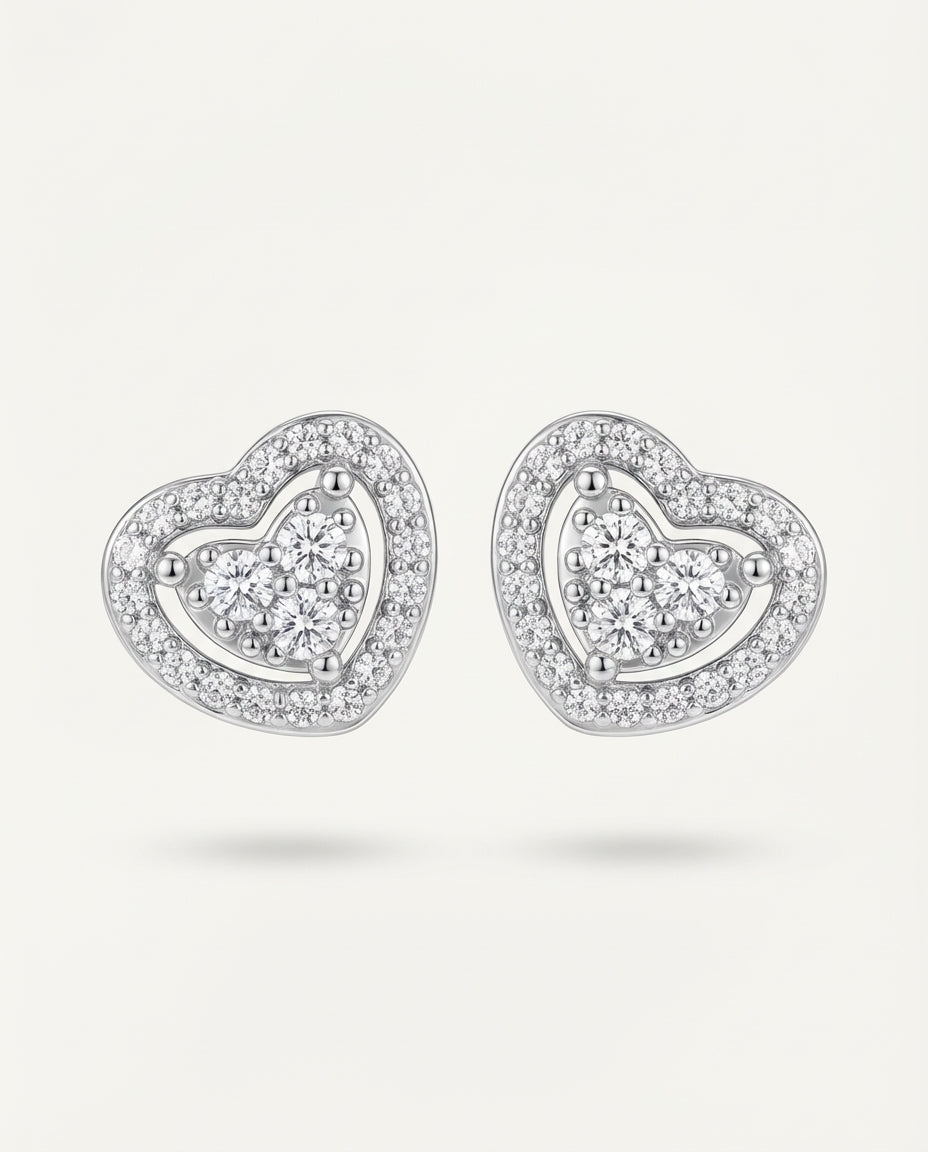 Silver Heart-Shaped Copper Alloy Ear Studs with Crystals