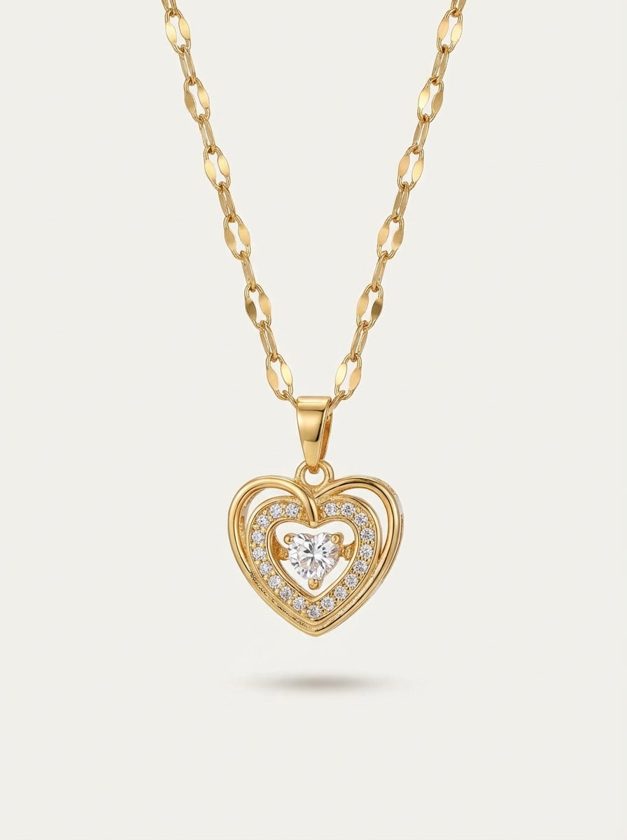 Gold 18K Electroplated Stainless Steel Heart Pendant Necklace with Crystal Accent