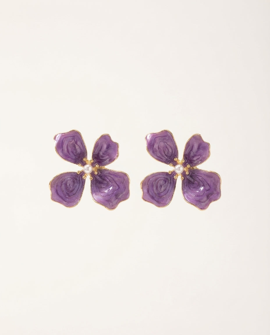 Purple Floral Silver Needle Earrings with Gold Trim