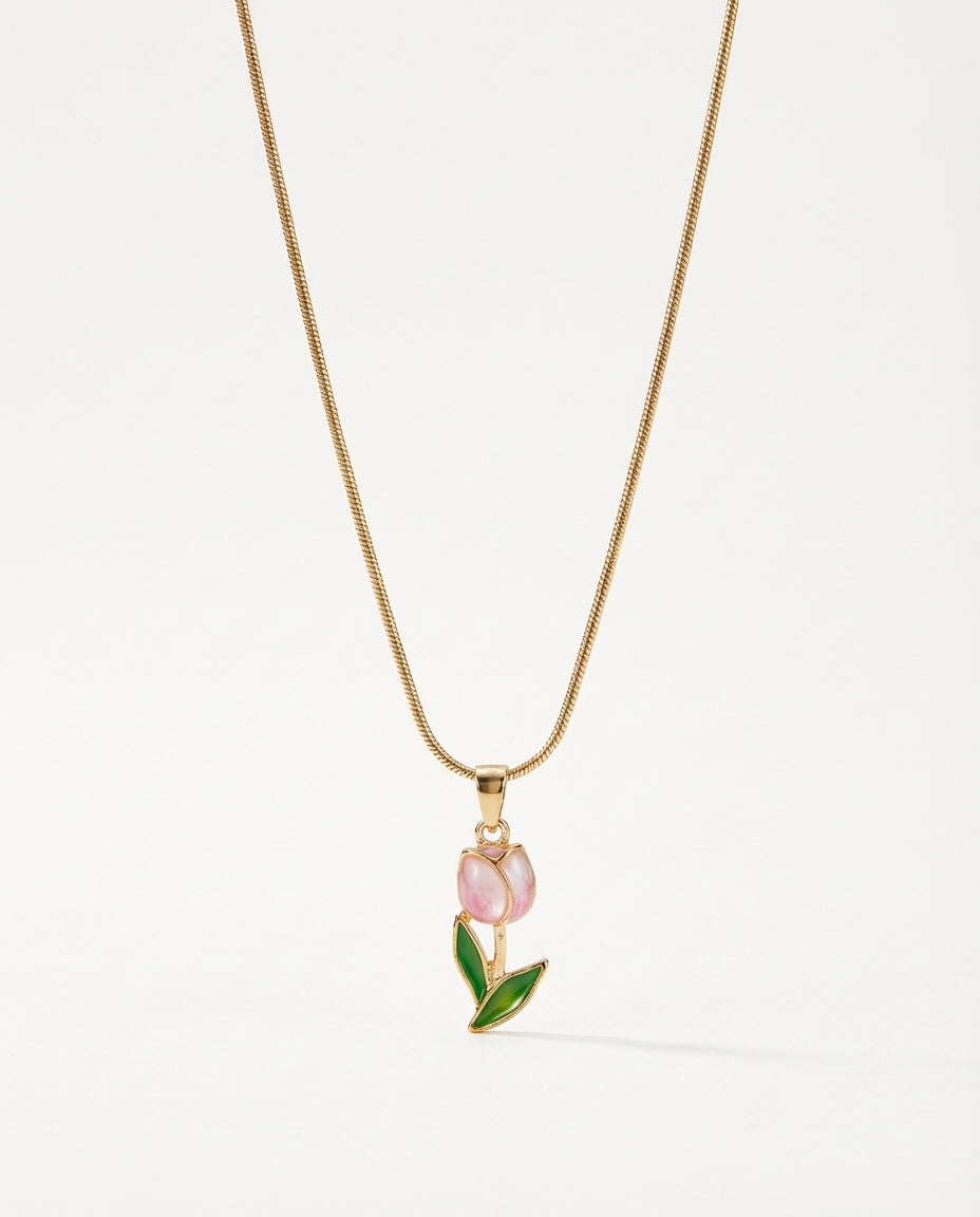 Pink Flower Alloy Copper Necklace with Gold-Tone Chain